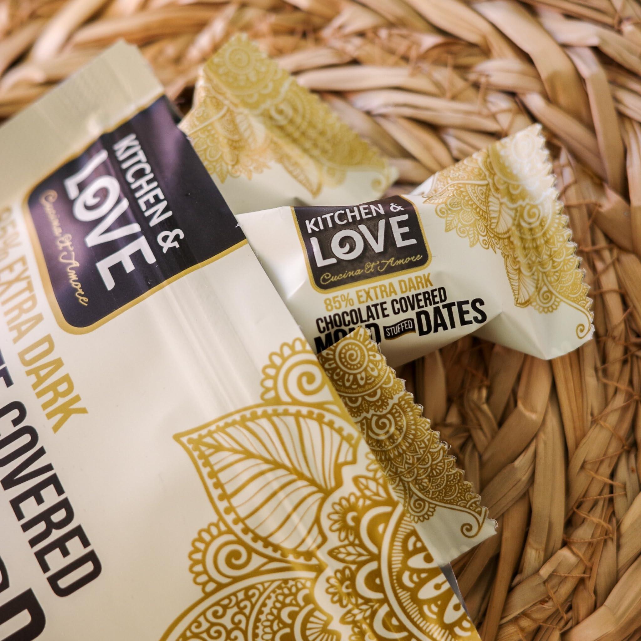 Kitchen & Love Kitchen & Love Chocolate Covered Almond Stuffed Dates in a Convenient Resealable Pouch, 8 Individually Wrapped Pieces, 85% Extra Dark Chocolate, Healthy Snack, 3.5 oz pouch (Pack of 4)