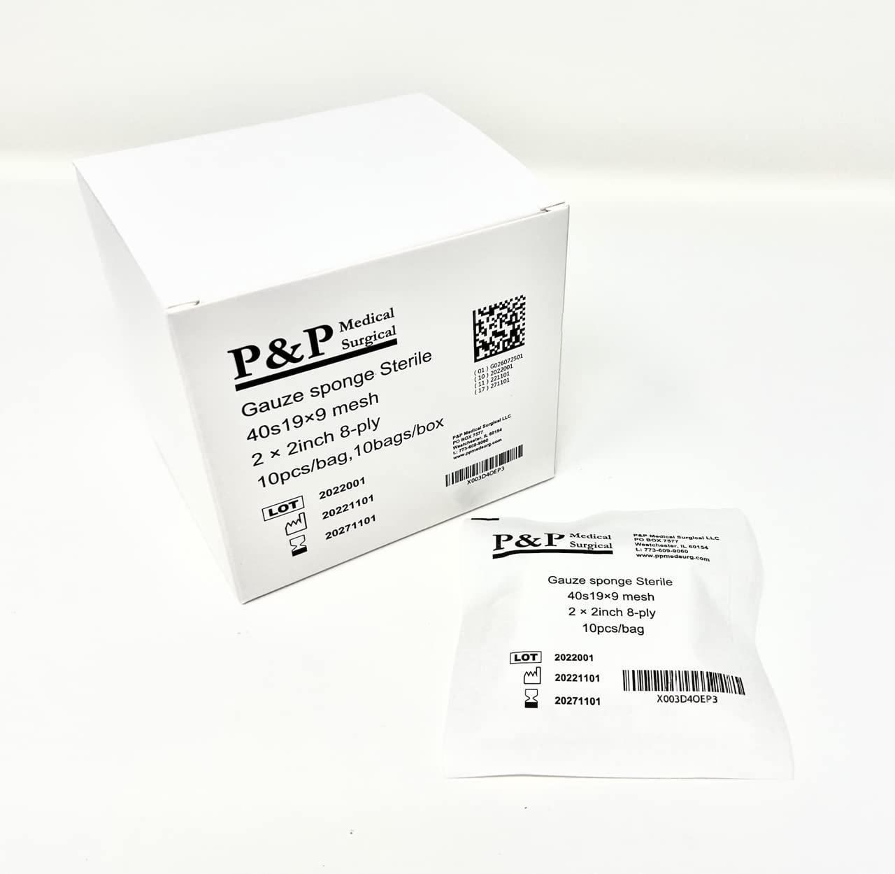 P&P Medical Surgical Gauze Surgical Sponges Cotton STERILE Woven 8-ply High Grade Quality 2\"x2\" Class I(a) All Purpose Pads Box of 100