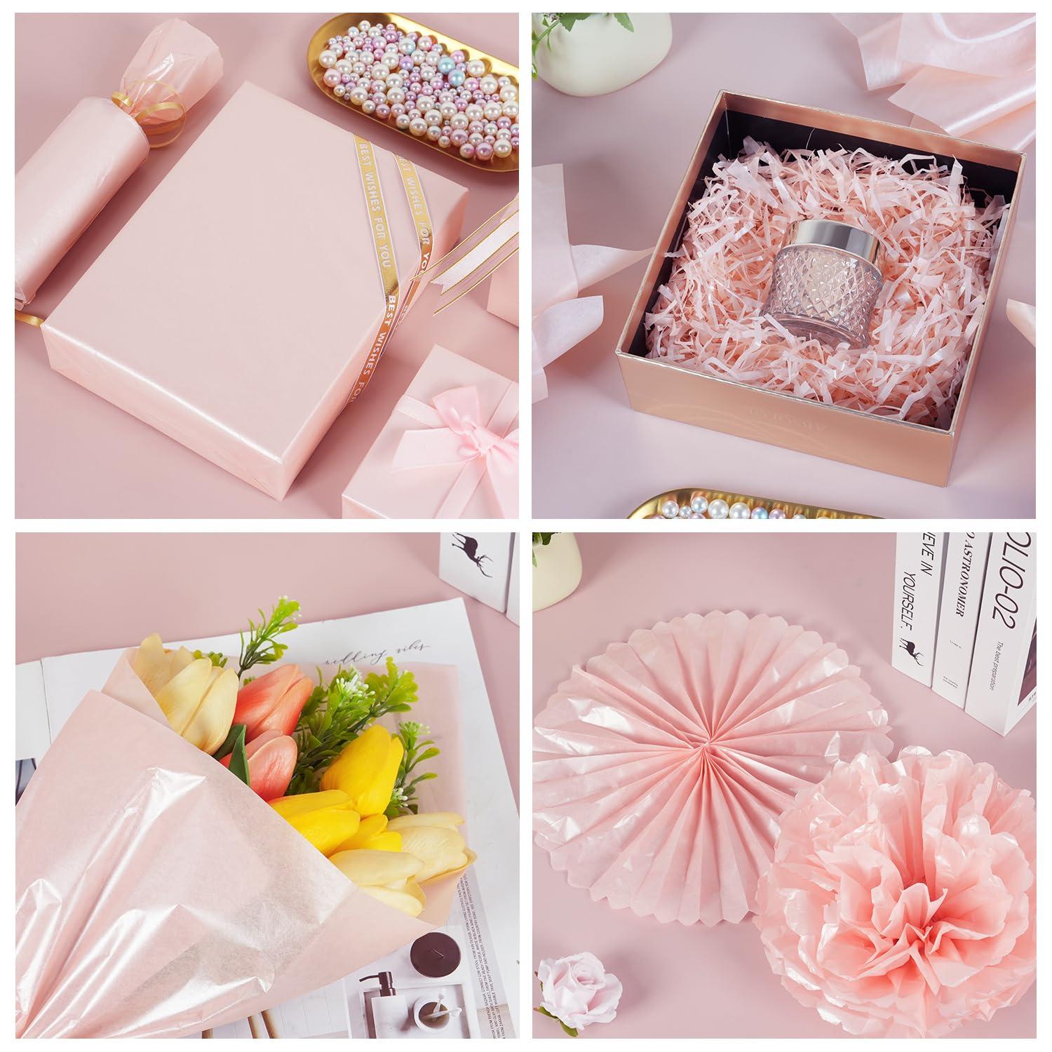 RUIFUN Pink Metallic Tissue Paper, 60 Sheets Shiny Baby Pink Tissue Paper Sheets for Gift Bags Crafts Wrapping Gifts Packaging, Pink Tissue Paper Bulk for Girls Women Birthday Wedding Baby Shower Party Decor