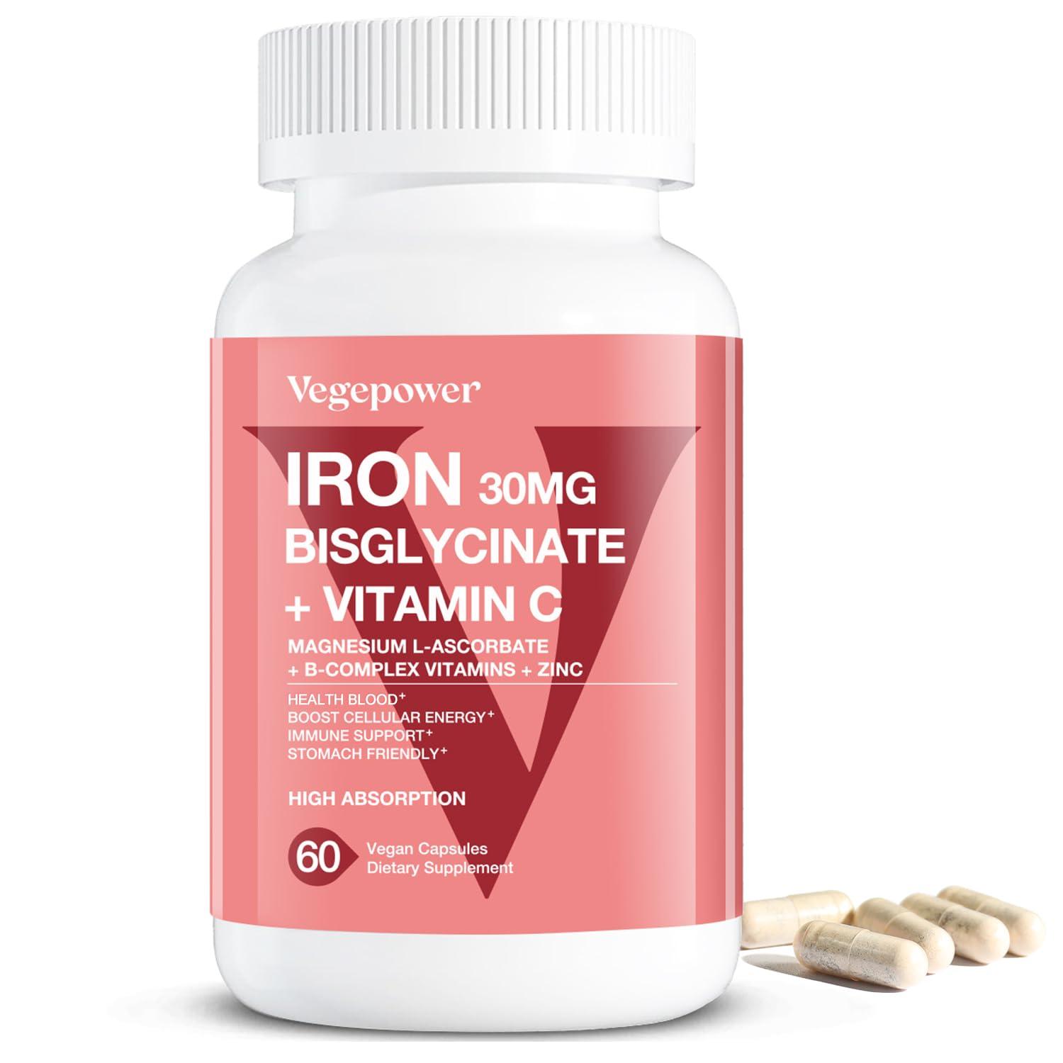 VEGEPOWER Iron Bisglycinate Supplement for Women & Men - 30mg Iron Pills with Vitamin C, B12, Folic Acid - Chelated Iron for Anemia, Blood Builder - High Absorption, Gluten-Free, Non-GMO - 60 Vegan Caps