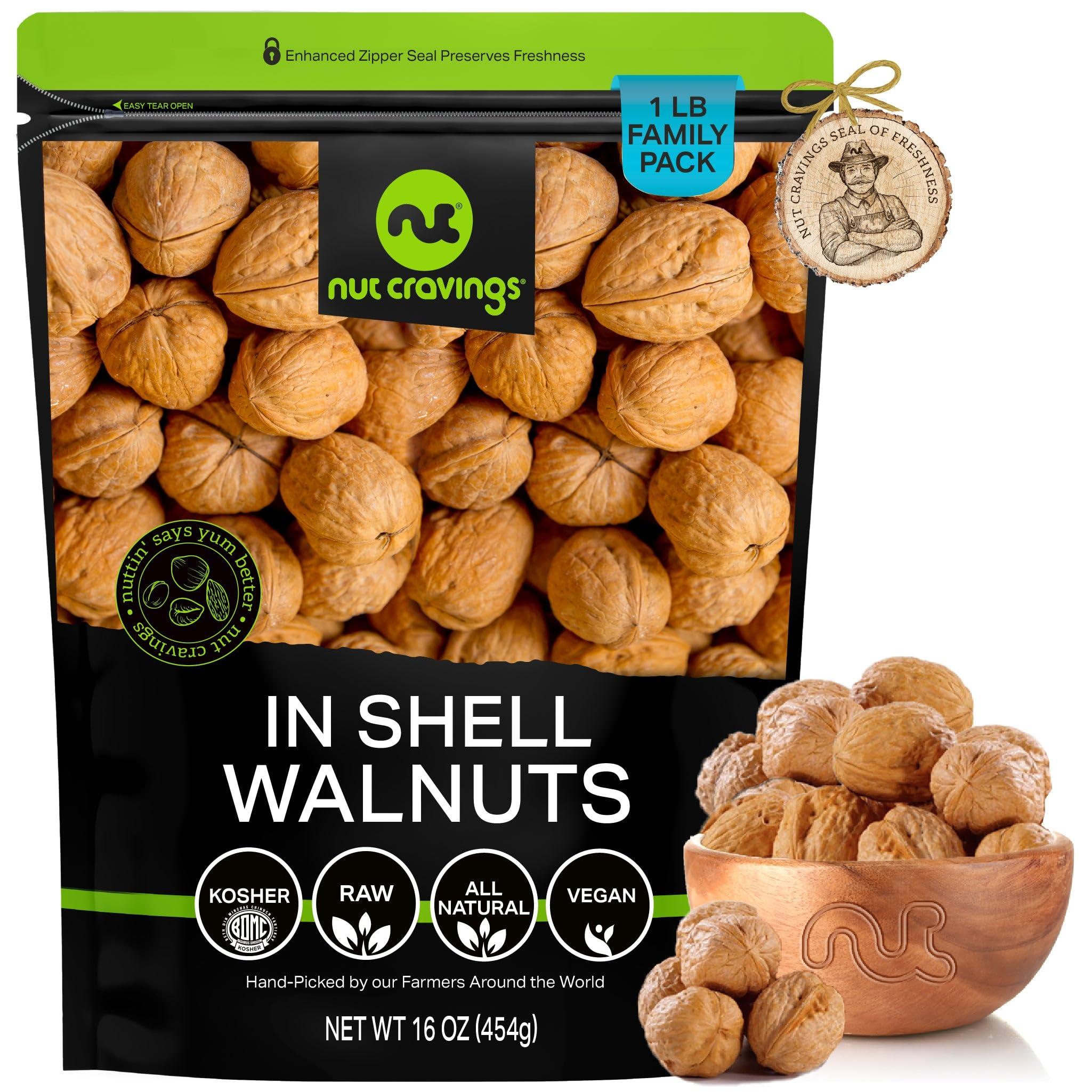 Nut Cravings NUT CRAVINGS - Raw Walnuts In Shell, Whole, (16oz - 1 LB) Packed Fresh in Resealable Bag - Nut Snack - Healthy Protein Food, All Natural, Keto, Vegan, Kosher Ideal for Trail Mixed Nuts