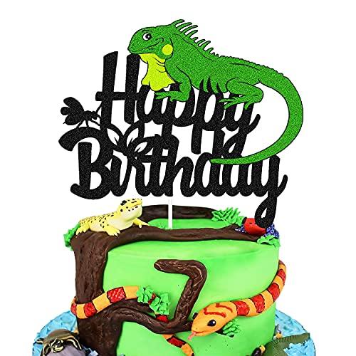 Ohiviaaa Lizard Cake Topper Lizard Animal Silhouette Happy Birthday Cake Decorations Kids Boy Girl Birthday Party Glitter Black Supplies Decor