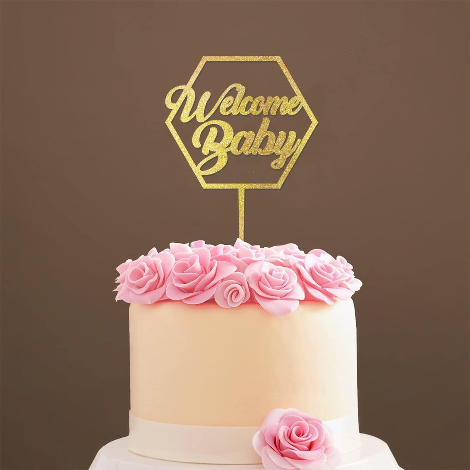 LetusZhogo Custom Welcome Baby Cake Topper Golden Glitter Baby Shower Cake Topper Girl Baby Shower Party Decoration Baby Boy Shower Cake Topper