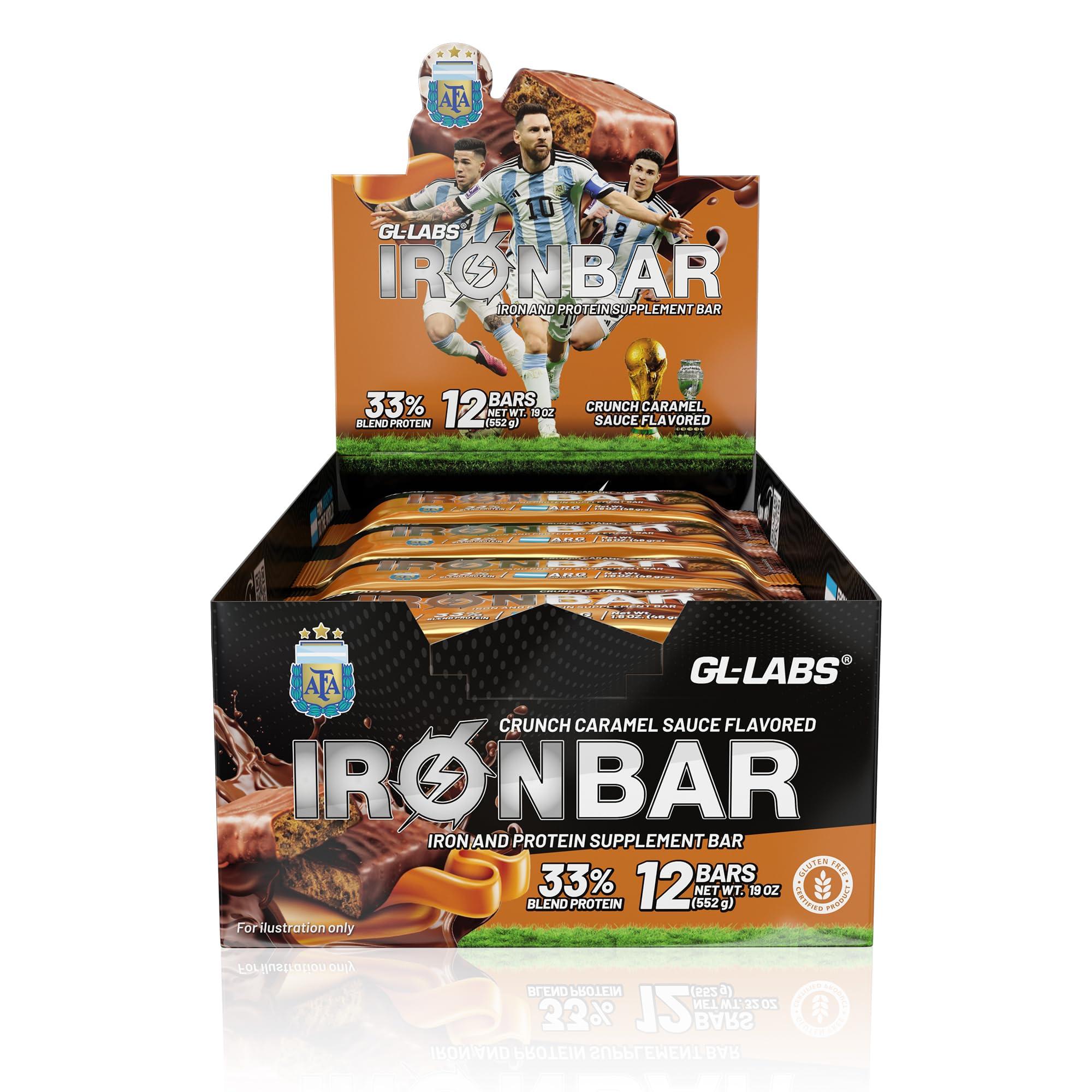 GL-LABS Iron Bar AFA Caramel Crunch - Argentine Dulce de Leche - Energy Protein Bars, High Protein, Natural flavor and Gluten Free 12 Count - Special edition Argentina World Champion
