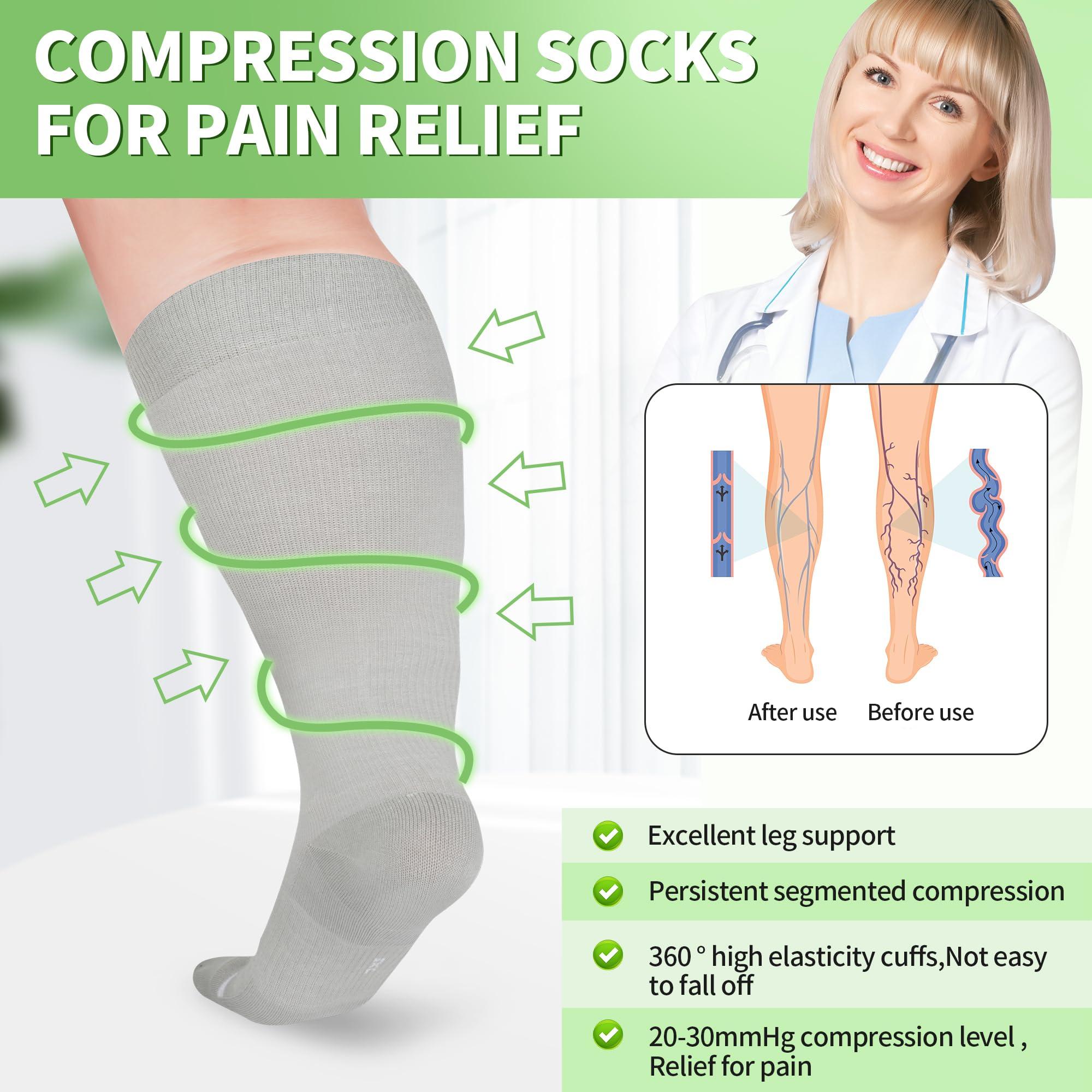 UISLII UISLII Plus Size Compression Socks Wide Calf Women Men,5 Pairs 20-30mmHg Extra Width Calf Viscose Knee High Compression Socks for Circulation Support(Black+White+Grey+Navy+Dark Blue-4XL)