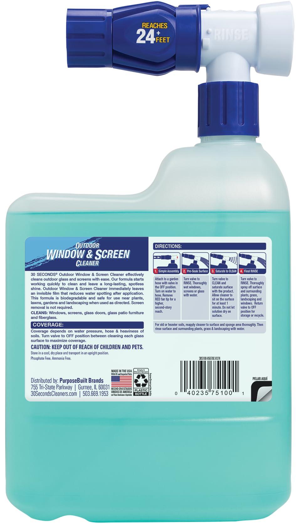 30 SECONDS 30 SECONDS Outdoor Window & Screen Concentrated Cleaner for Glass, Patio Doors, Fiberglass, Furniture - No Screen Removal Required, Spray & Rinse - Hose End Spray Attachment (2 PACK)