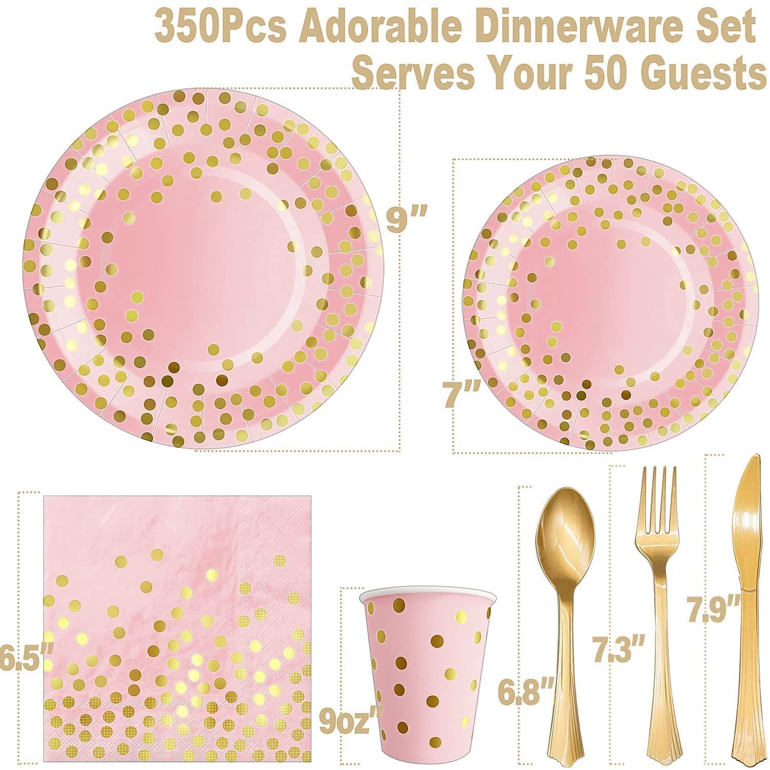 AIRE 350PCS Pink and Gold Party Plates with 6Pack Black and Gold Plastic Tablecloth, Severs 25 Disposable Party Supplies, Just Enjoy Your Party