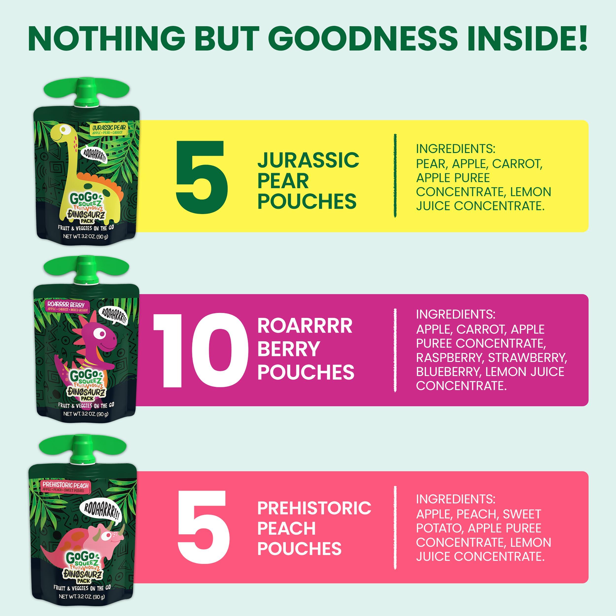 GoGo SqueeZ GoGo squeeZ Fruit & veggieZ Applesauce and Puree Variety Pack, Jurassic Pear, Roarrrr Berry & Prehistoric Peach, 3.2 oz (Pack of 20), Unsweetened Snacks for Kids, BPA Free Pouches