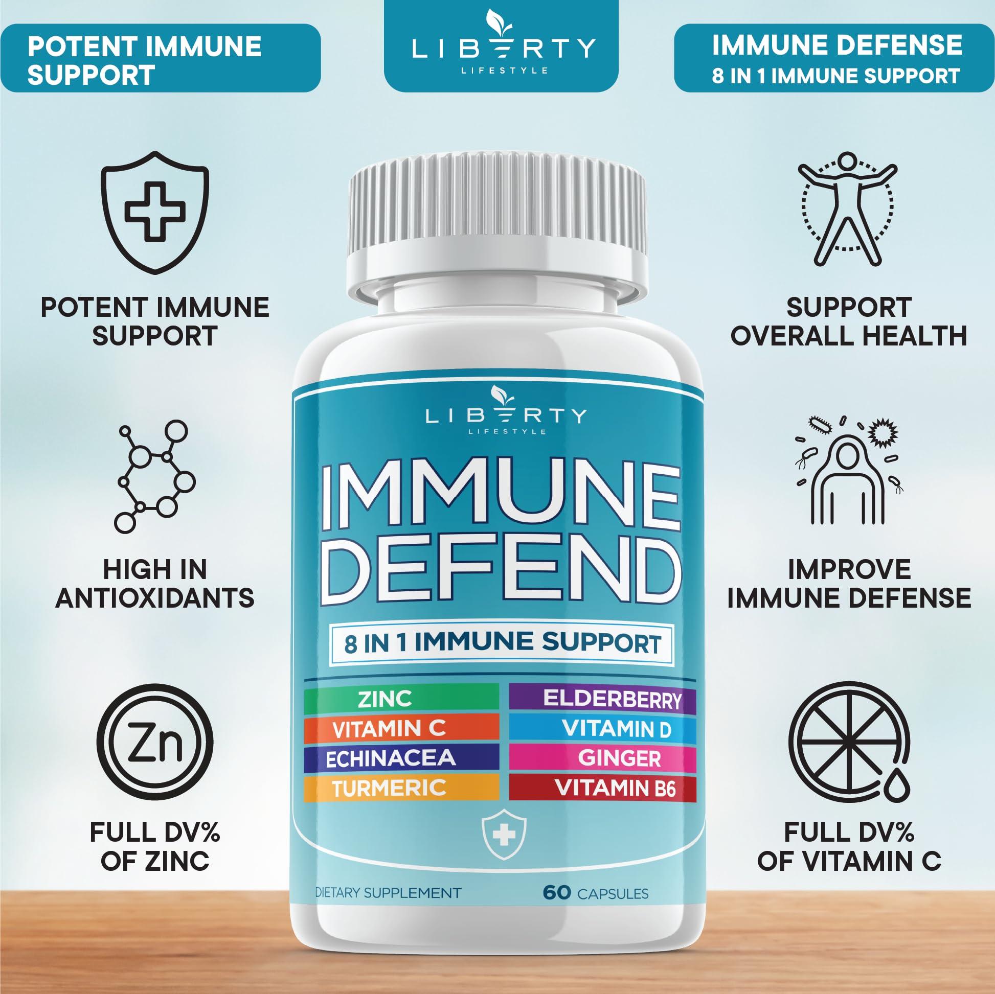 Liberty Lifestyle 8 in 1 Immune Defense Support, Immunity Vitamins Supplement Booster with Zinc 50mg, Vitamin C Elderberry VIT D3 5000 IU, Turmeric Curcumin & Ginger, Echinacea - Allergy Relief for Kids Adults