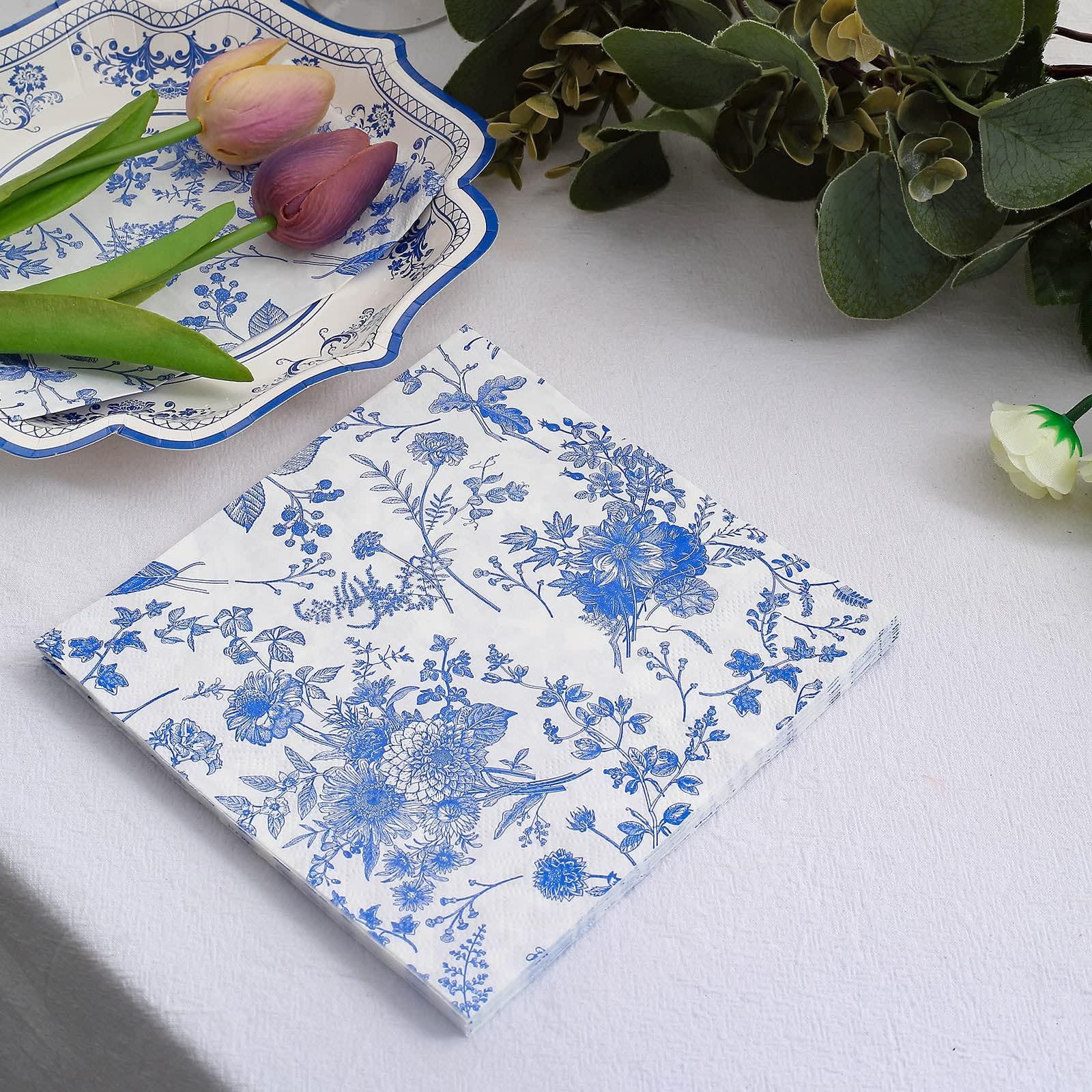 TABLECLOTHSFACTORY.COM Tableclothsfactory 20 Pack | White/Blue Chinoiserie Floral Print 2-Ply Paper Napkins, Disposable Dinner Napkins