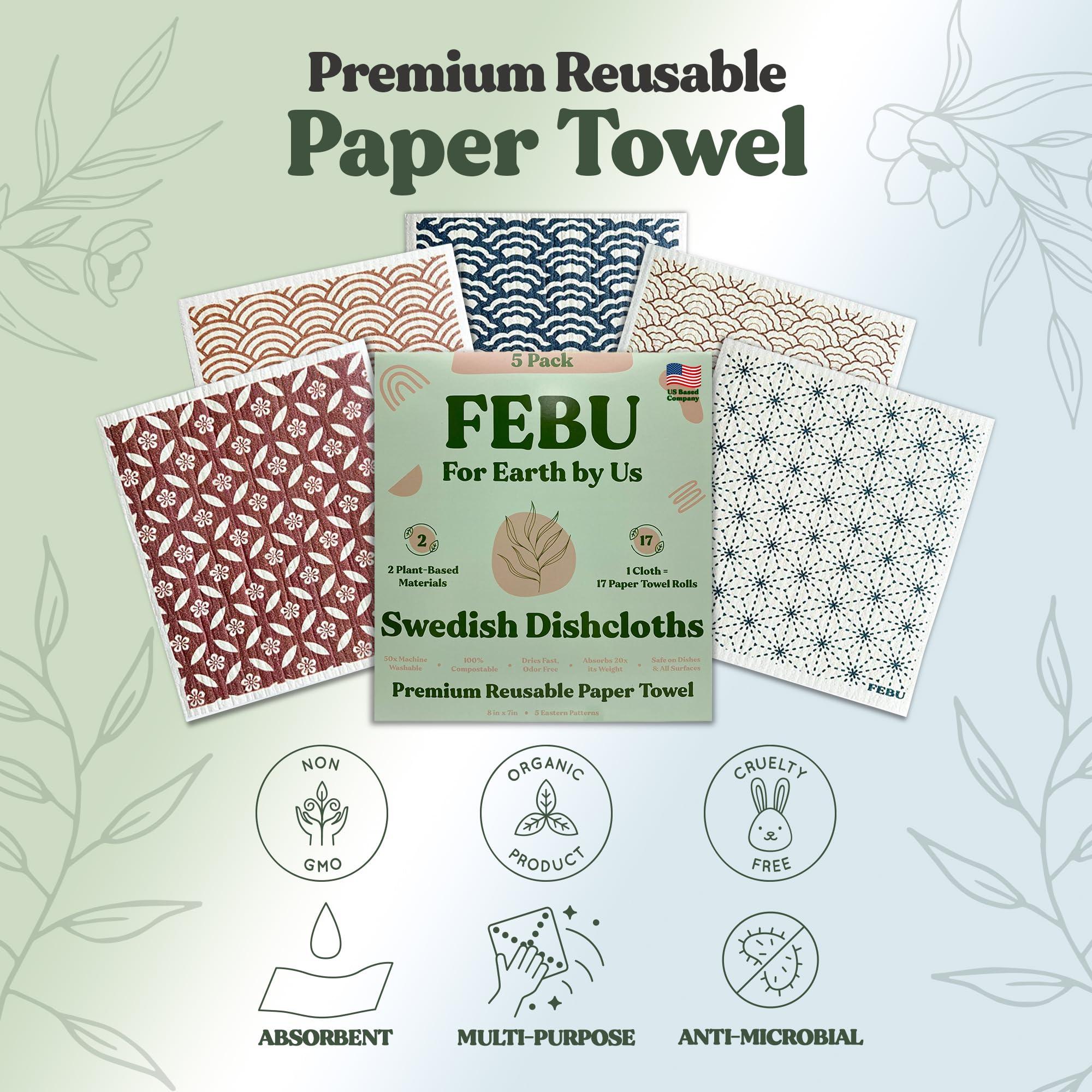 FEBU FEBU Swedish Dishcloths for Kitchen | 5 Pack Eastern Reusable Paper Towels Washable | Swedish Dish Towels | Non-Scratch Cellulose Sponge Cloths | No Odor, Biodegradable Cleaning Cloths