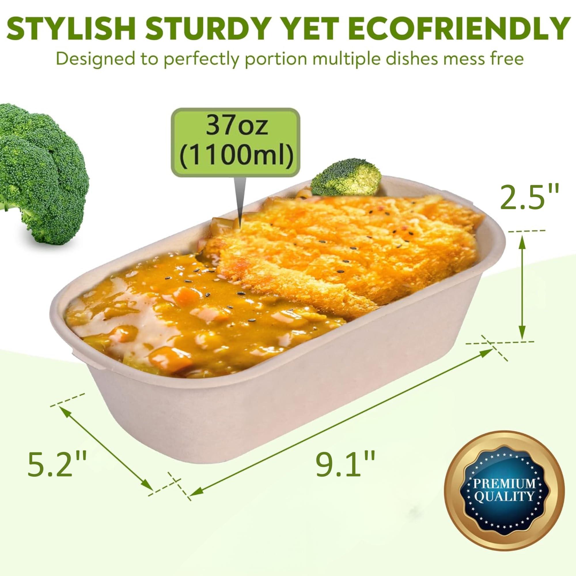 Enviro Safe Home 37 Oz Bamboo Disposable Food Containers, 50 Pack - Heavy Duty, Microwavable, Oven Safe - Perfect For Meal Prep, Salads, Lunch, To Go Food - Biodegradable (Brown)