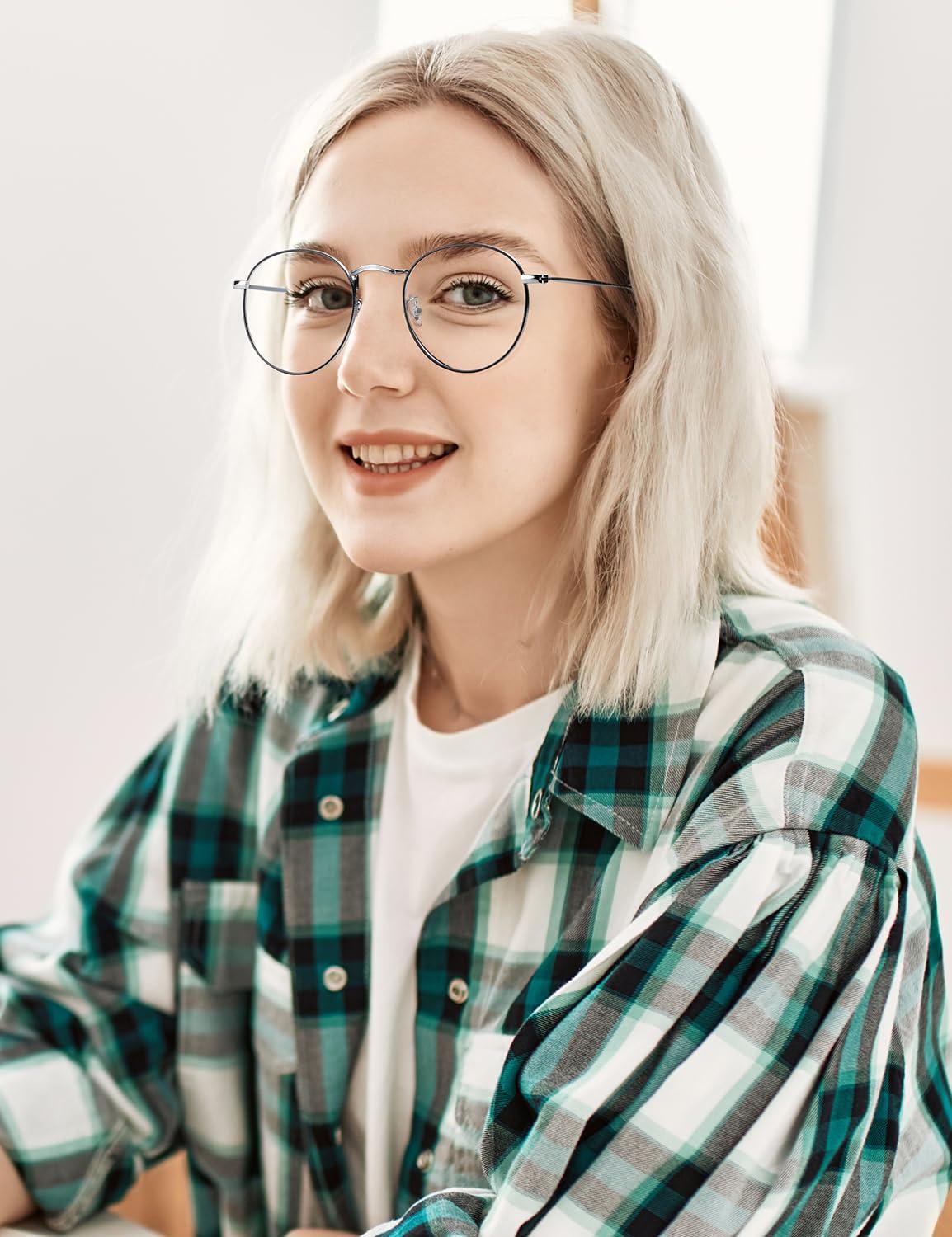 ZanyLen ZanyLen Blue Light Glasses for Women and Men, Round Metal Frame Computer Gaming Eyeglasses Reduce Reflection and UV400 Protection, Silver and Black Eyeglasses