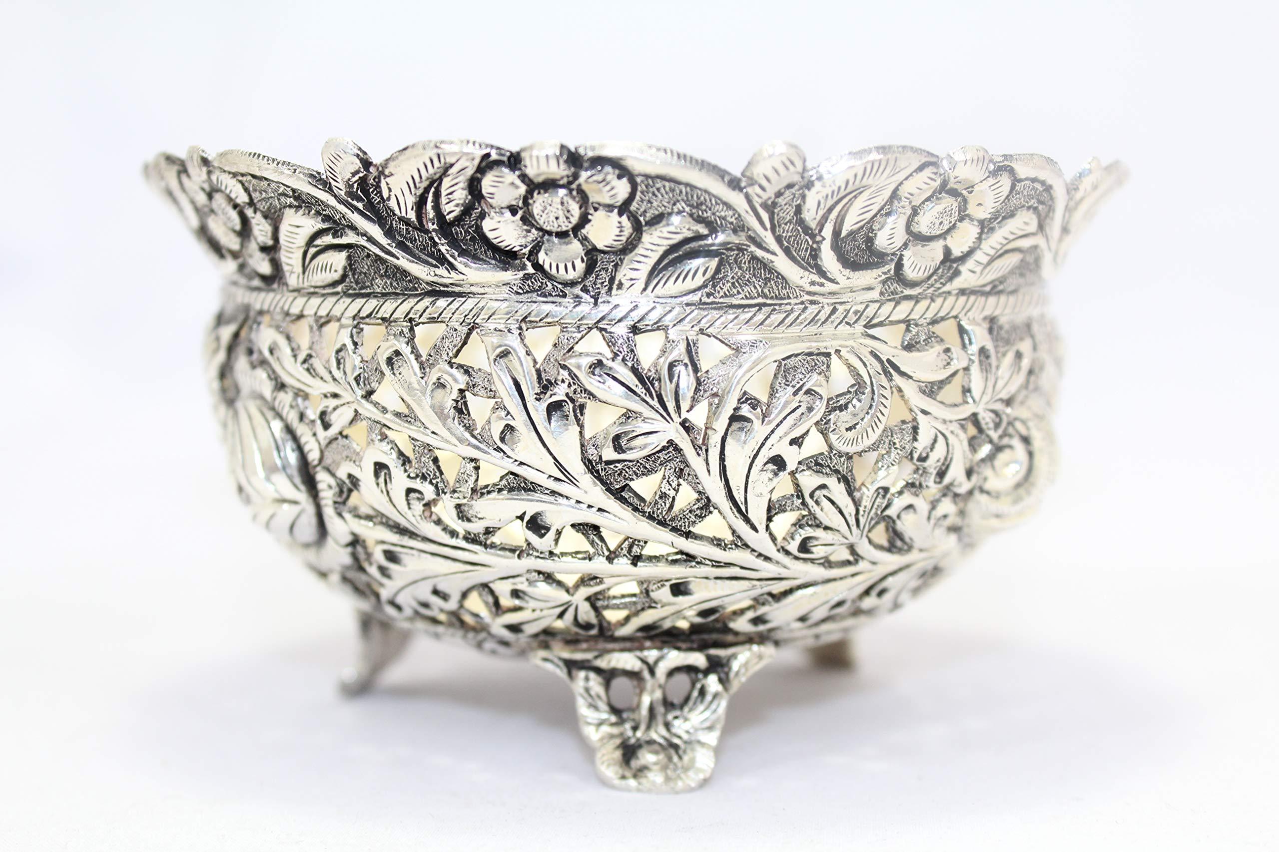 Rajasthan Gems Rajasthan Gems Handmade Dish Bowl Oxidized 925 Sterling Solid Silver India Hand Engraved F