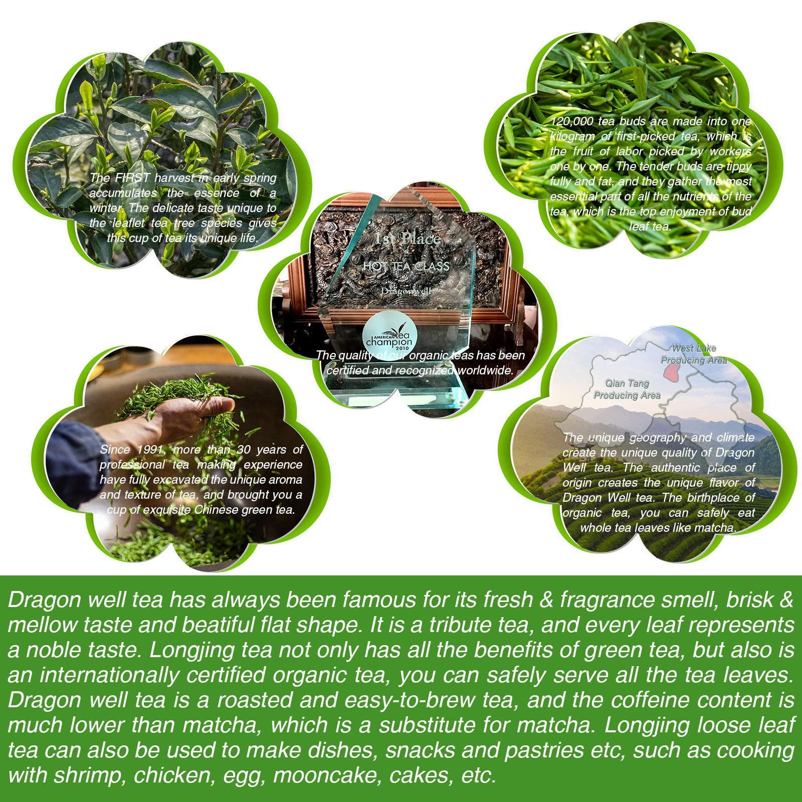 EFOOFAN EFOOFAN USDA Certified Organic Longjing Green Tea Loose Leaf, 3oz, Buds Leaves Hand-Picked, Authentic Chinese Dragonwell Tea Origin, Premium and Edible Long Jing