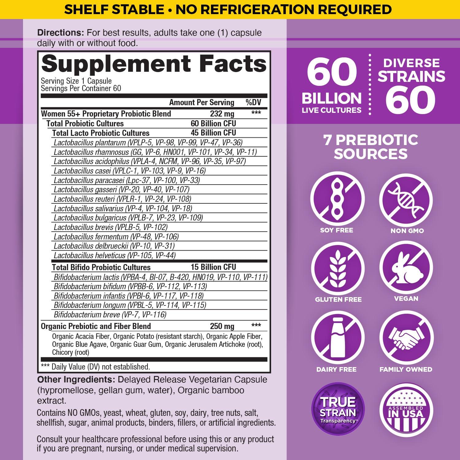 Vital Planet Vital Planet - Vital Flora Women Over 55 Daily Probiotic 60 Billion CFU, 60 Diverse Strains, 7 Organic Prebiotics, Immune Support Shelf Stable Digestive Health Probiotics for Women 60 Capsules