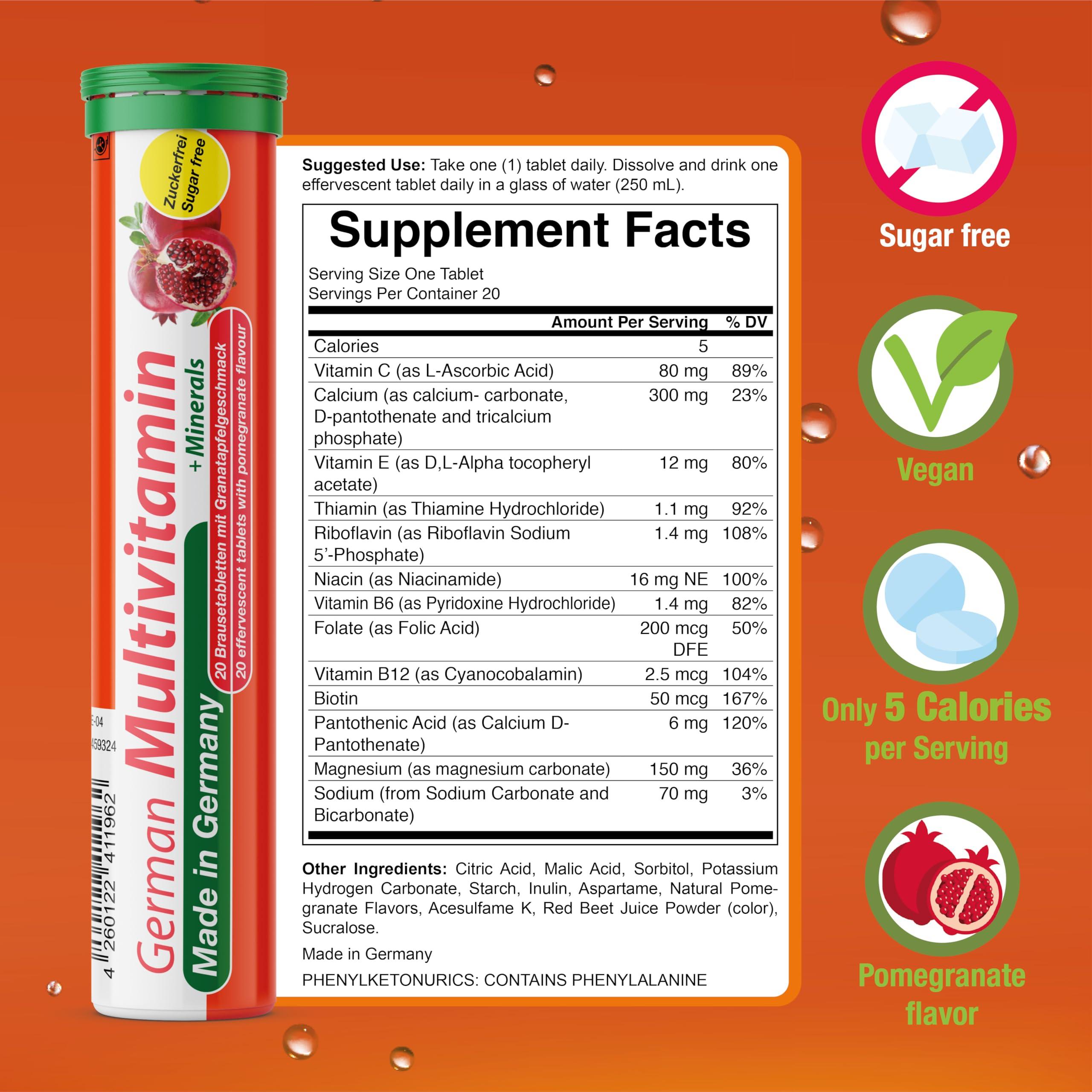T&D T&D German Multvitamin + Minerals 10 Vitamins 2 Minerals - 40 Vegan Drink Effervescent Tablets - Pomegranate Flavor - Made in Germany