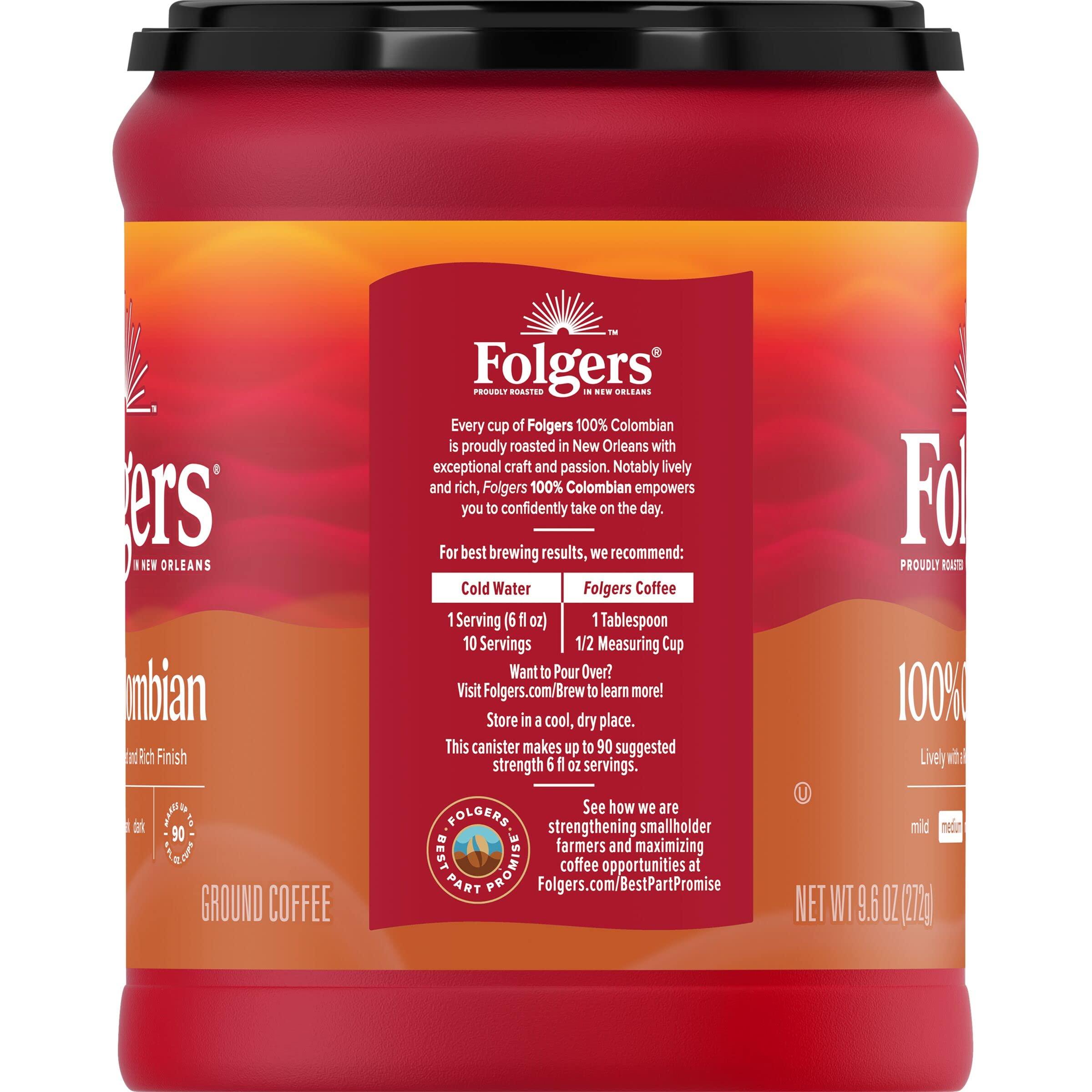 Folgers Folgers 100% Colombian Coffee, Medium Roast Ground Coffee, 9.6 Ounce Canister