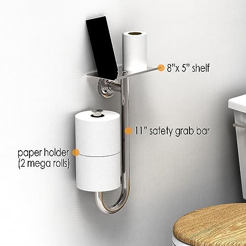 AquaChase AquaChase 3-in-1 Toilet Safety Grab Bar with Built-in Tissue Paper Holder and Phone Shelf, for 2 Mega Rolls, 250lbs Weight Support When Mounted in Stud, White Right-Hand