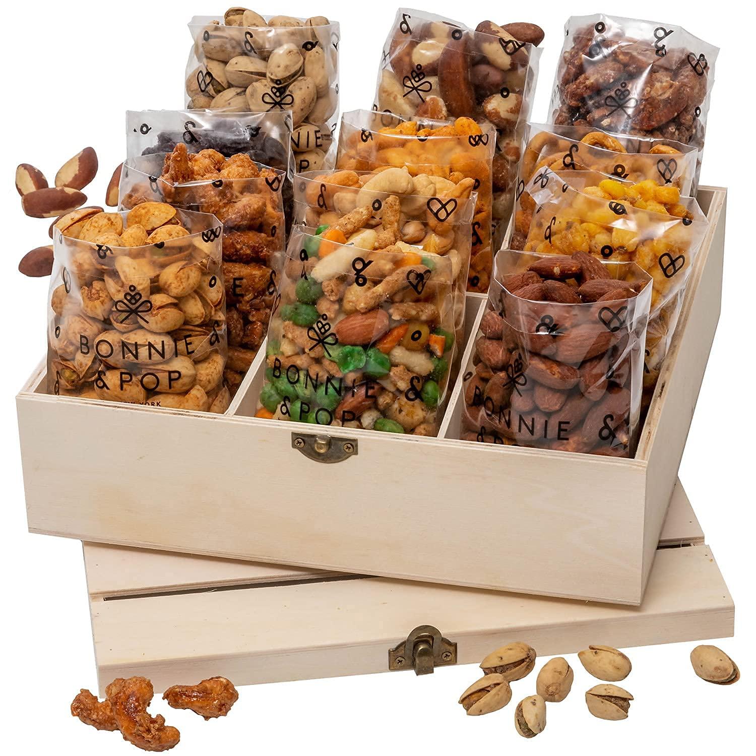 BONNIE AND POP Nut Gift Basket | Healthy Valentines Day Gift of Assorted Nuts in Reusable Wood Crate | Large Variety Tray with Unique Flavors | Parties, Holidays, Birthday, Sympathy, Office, Thank You, Him, Her | Bonnie & Pop