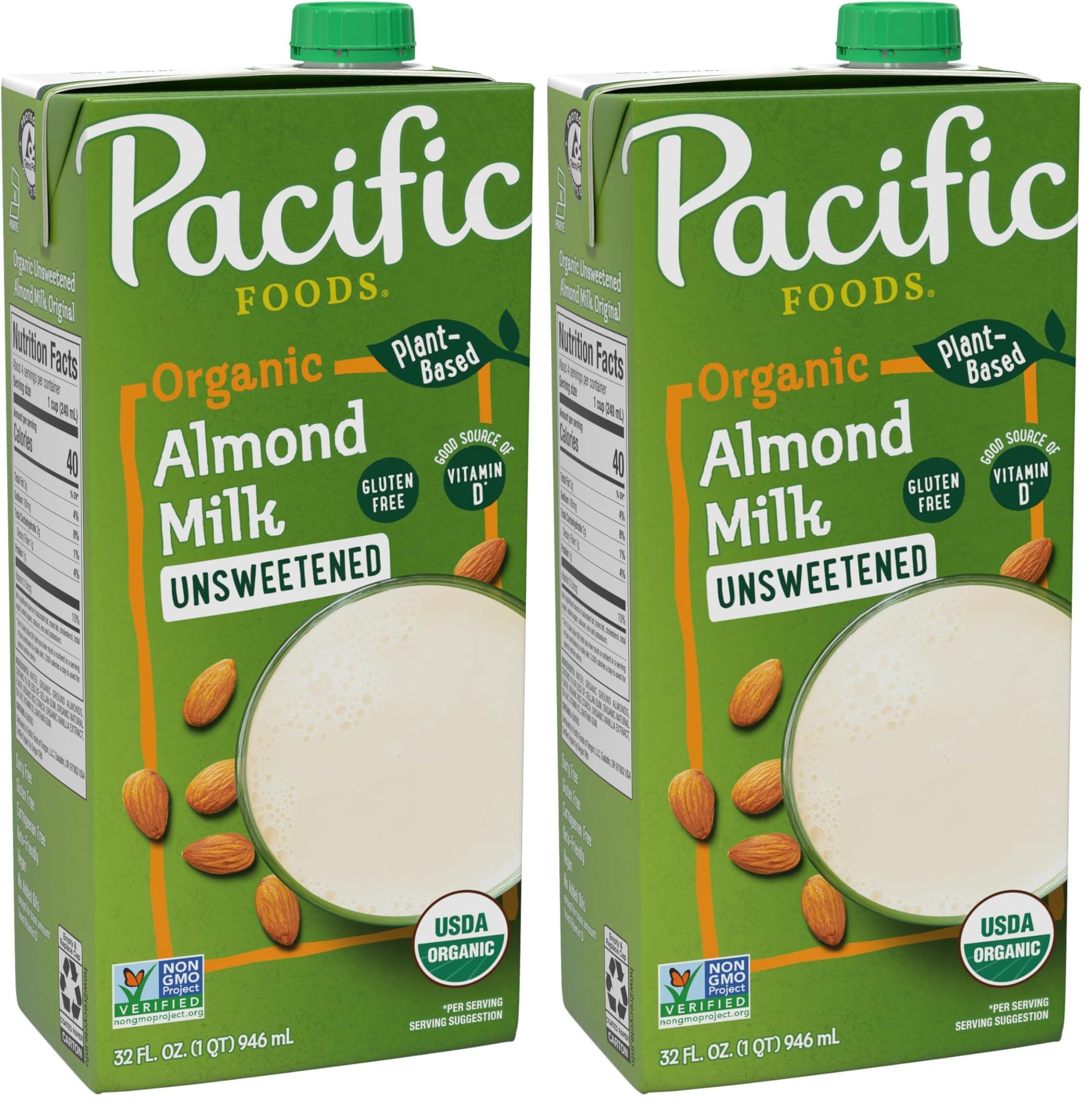Pacific Foods Pacific Foods Organic Unsweetened Almond Milk, Plant Based Milk, 32 oz Carton (Pack of 2)