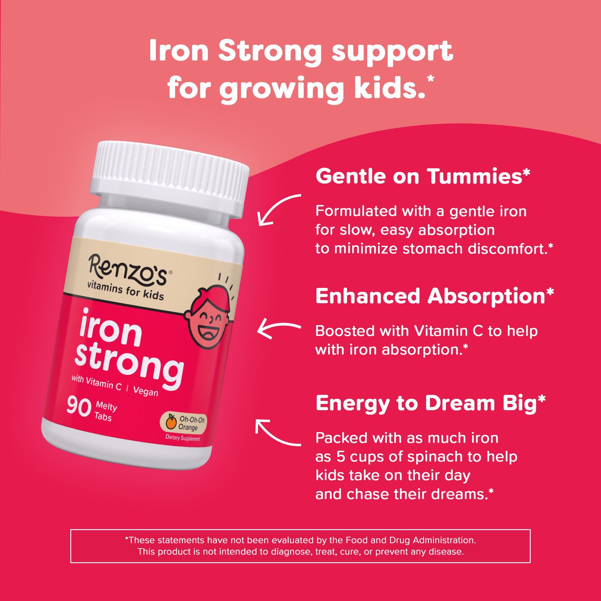 Renzo's Renzo's Iron Supplements for Kids, Dissolvable Vegan Iron Supplement with Vitamin C, Sugar Free, Oh-Oh-Oh Orange Flavor, 90 Melty Tabs