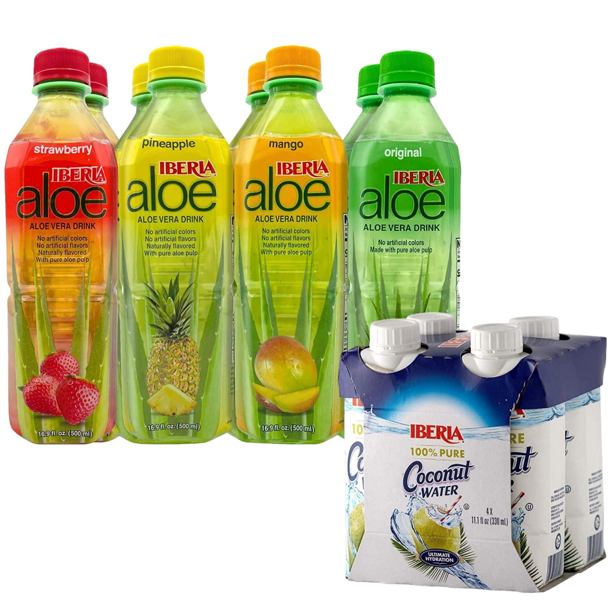 Iberia Iberia Aloe Vera Drink with Pure Aloe Pulp, Variety, (Pack of 8) + Iberia 100% Natural Coconut Water 11.1 Oz (Pack Of 4)