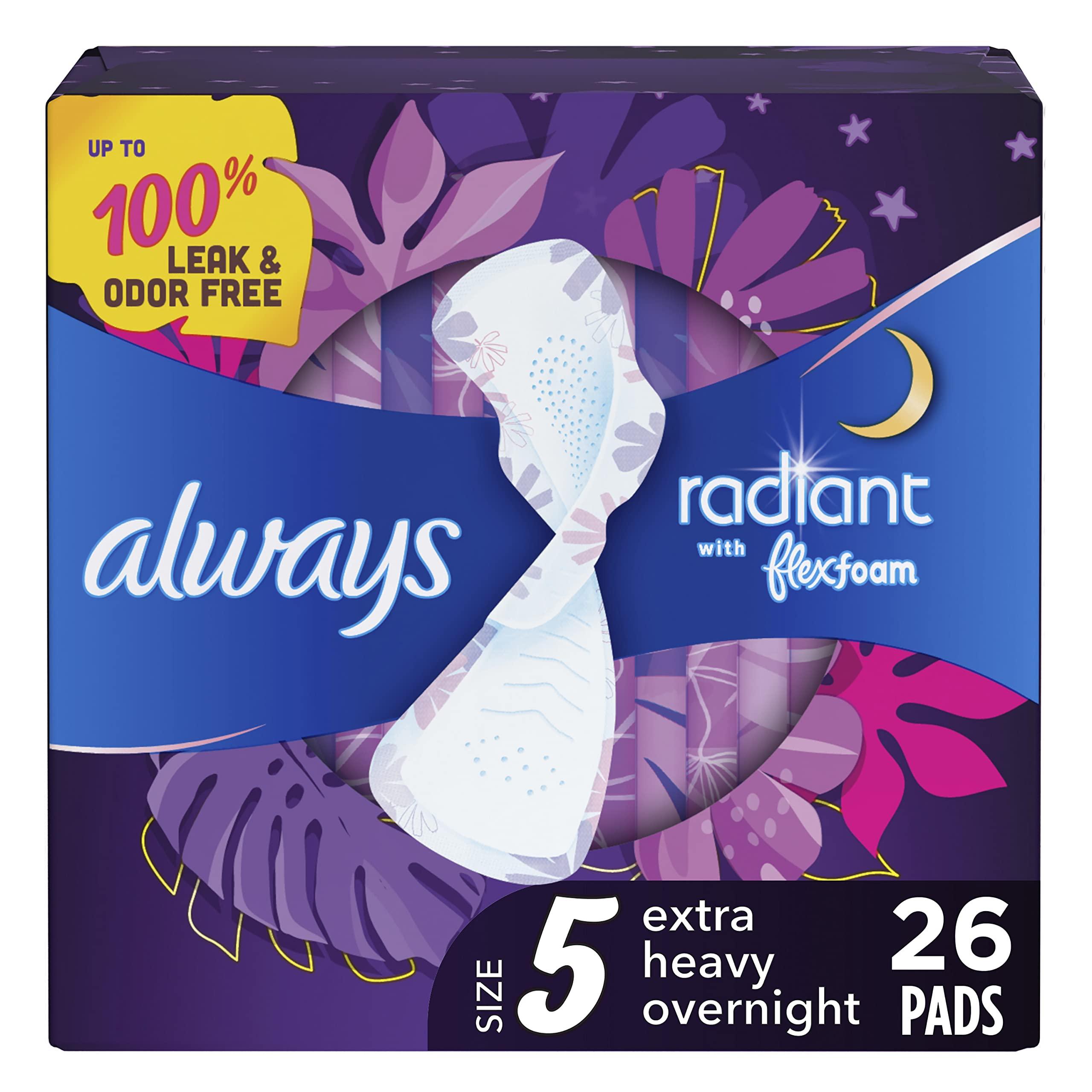 Always Always Radiant FlexFoam Pads for Women, Size 5, Extra Heavy Overnight Absorbency, 100% Leak & Odor Free Protection is Possible, with Wings, Scented, 26 Count