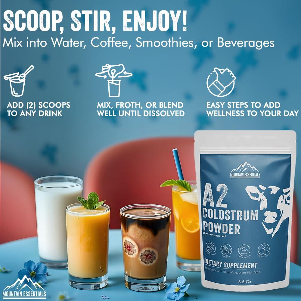 MOUNTAIN ESSENTIALS Freeze Dried A2 Colostrum Powder 3.5 Oz Bovine Grass Fed, Gluten Free, Non-GMO, Sugar Free with 1 Year Shelf Life 50 Servings | Dietary Supplement Immune Support, Gut Health, Muscle Recovery 1 Pack