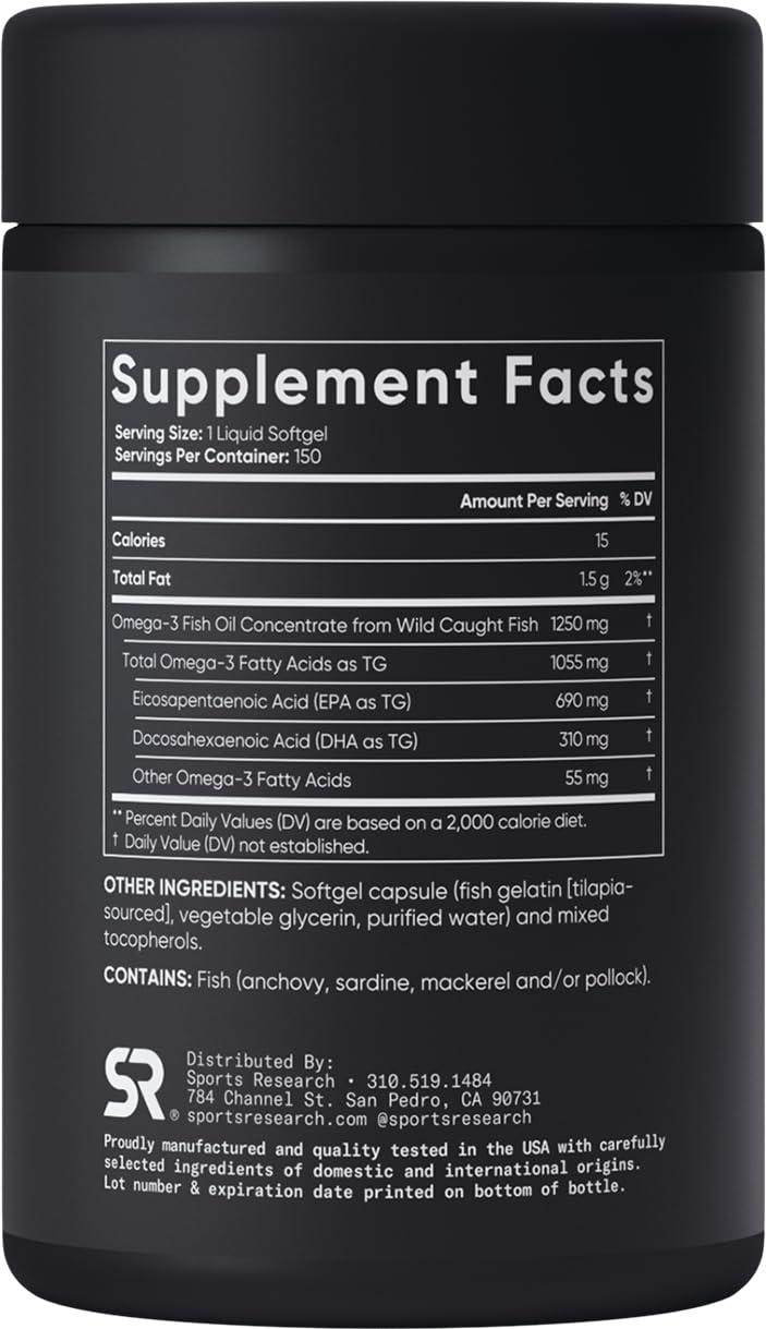 Sports Research Sports Research Triple Strength Omega 3 Fish Oil - Burpless Fish Oil Supplement w/EPA & DHA Fatty Acids from Wild Caught Fish - Heart, Brain & Immune Support for Men & Women - 1250 mg, 150 ct