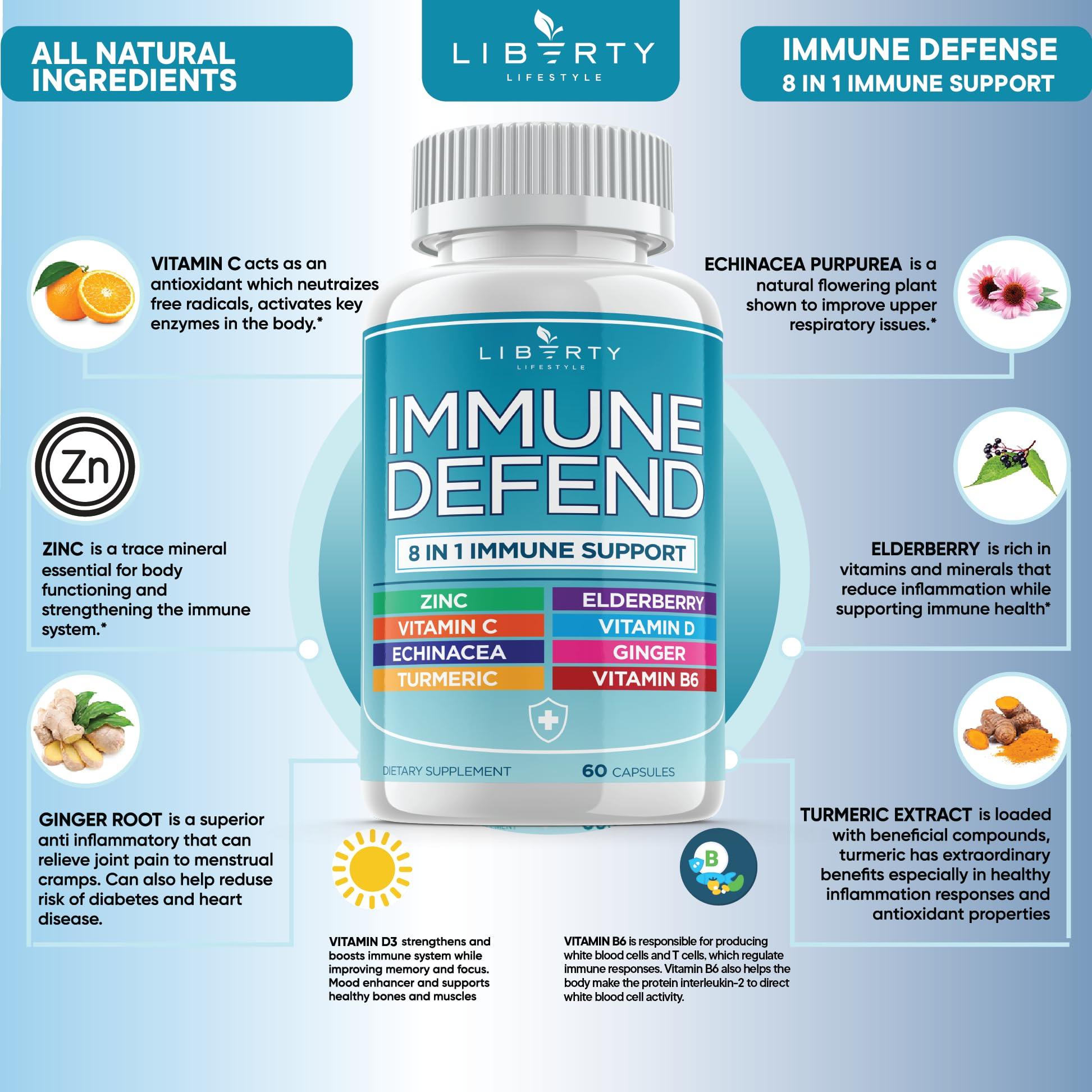 Liberty Lifestyle 8 in 1 Immune Defense Support, Immunity Vitamins Supplement Booster with Zinc 50mg, Vitamin C Elderberry VIT D3 5000 IU, Turmeric Curcumin & Ginger, Echinacea - Allergy Relief for Kids Adults