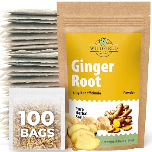 WILDFIELD HERBS 100 Ginger Tea Bags Ginger Root Tea Dry Dried Herb (Zingiber officinale) - 100 Count 1.5g Tea Bags Ginger Raz de jengibre