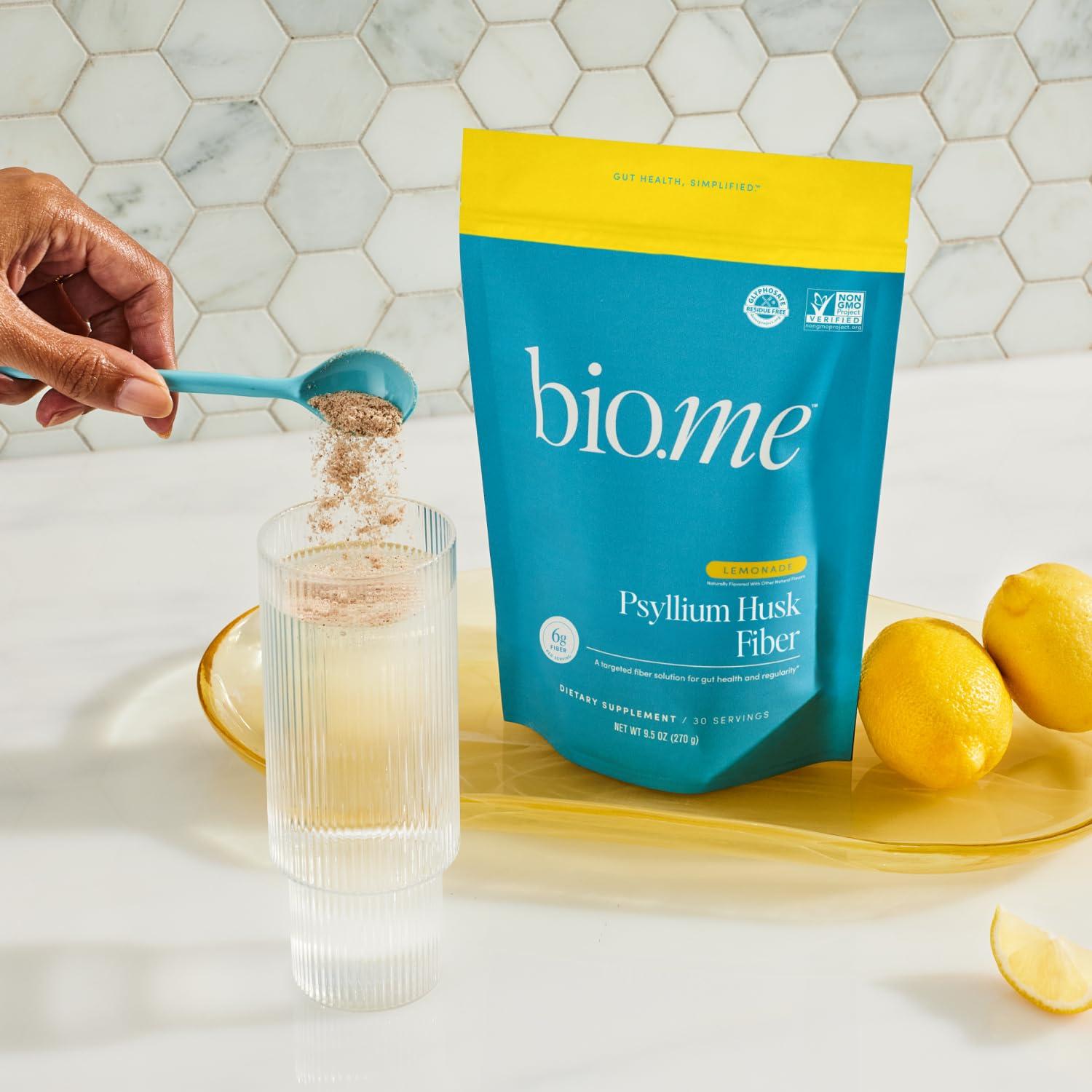 Bio.me Fiber Rescue - Psyllium Husk Powder for Digestive Health & Bloating Relief, Sugar Free Lemonade Flavored Prebiotic Soluble Fiber Powder, Non-GMO Fiber Supplement Powder, Gluten Free - 30 Servings