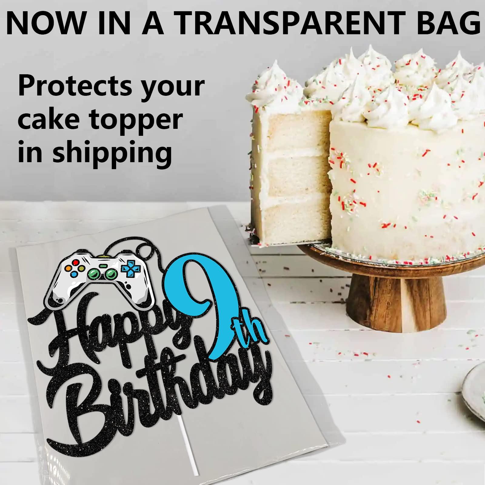 GZBJMYGS Happy 9th Birthday Cake Topper Party Video Games Decorations Black Blue Glitter - Cheers to 9 Years Level Up Theme Game On Winner Supplies for Boys or Girls