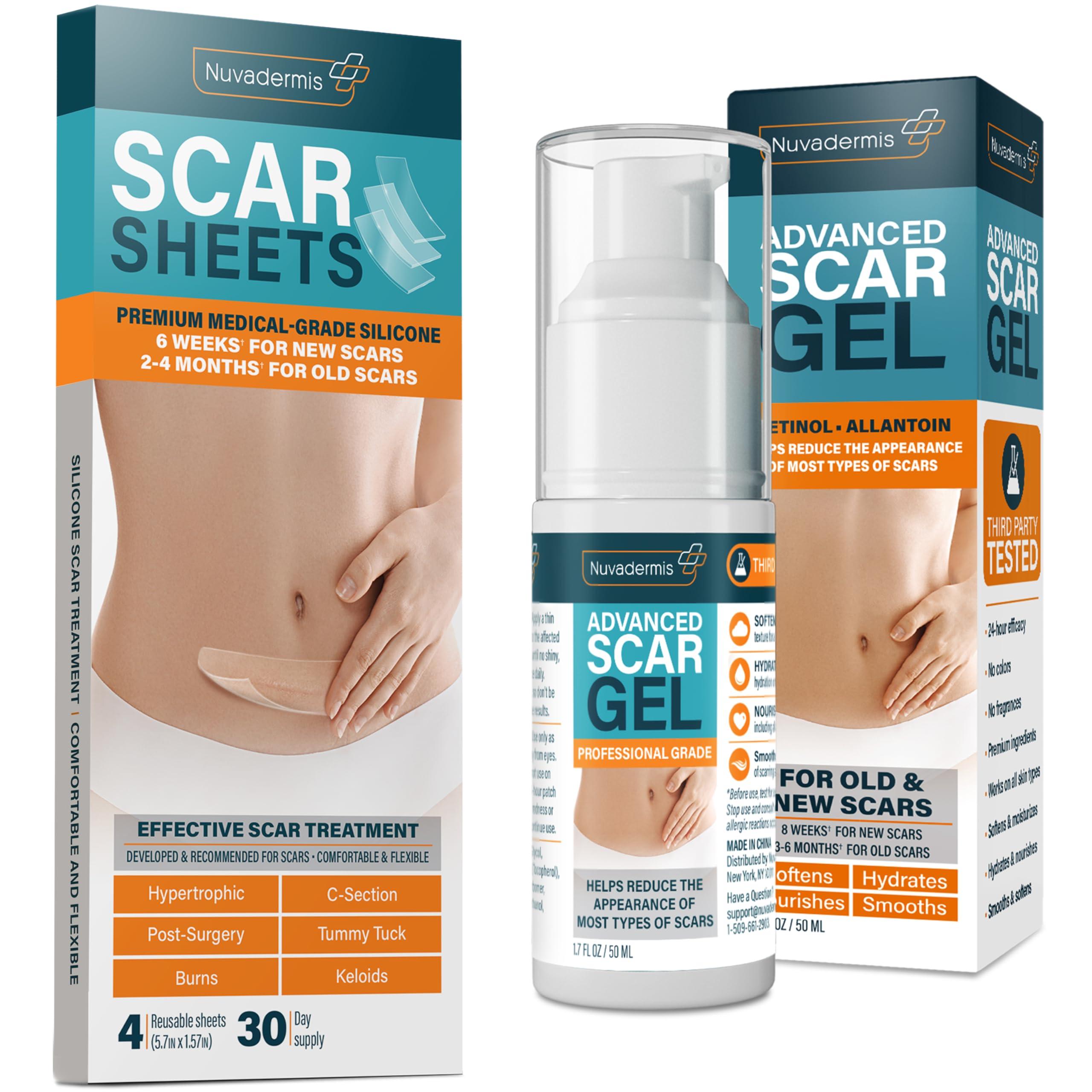 NUVADERMIS NUVADERMIS Silicone Scar Sheets & Scar Cream Gel - C-Section, Tummy Tuck, Keloid, Acne Removal Treatment - Advanced Post Surgery Supplies - Scars Removal Treatment