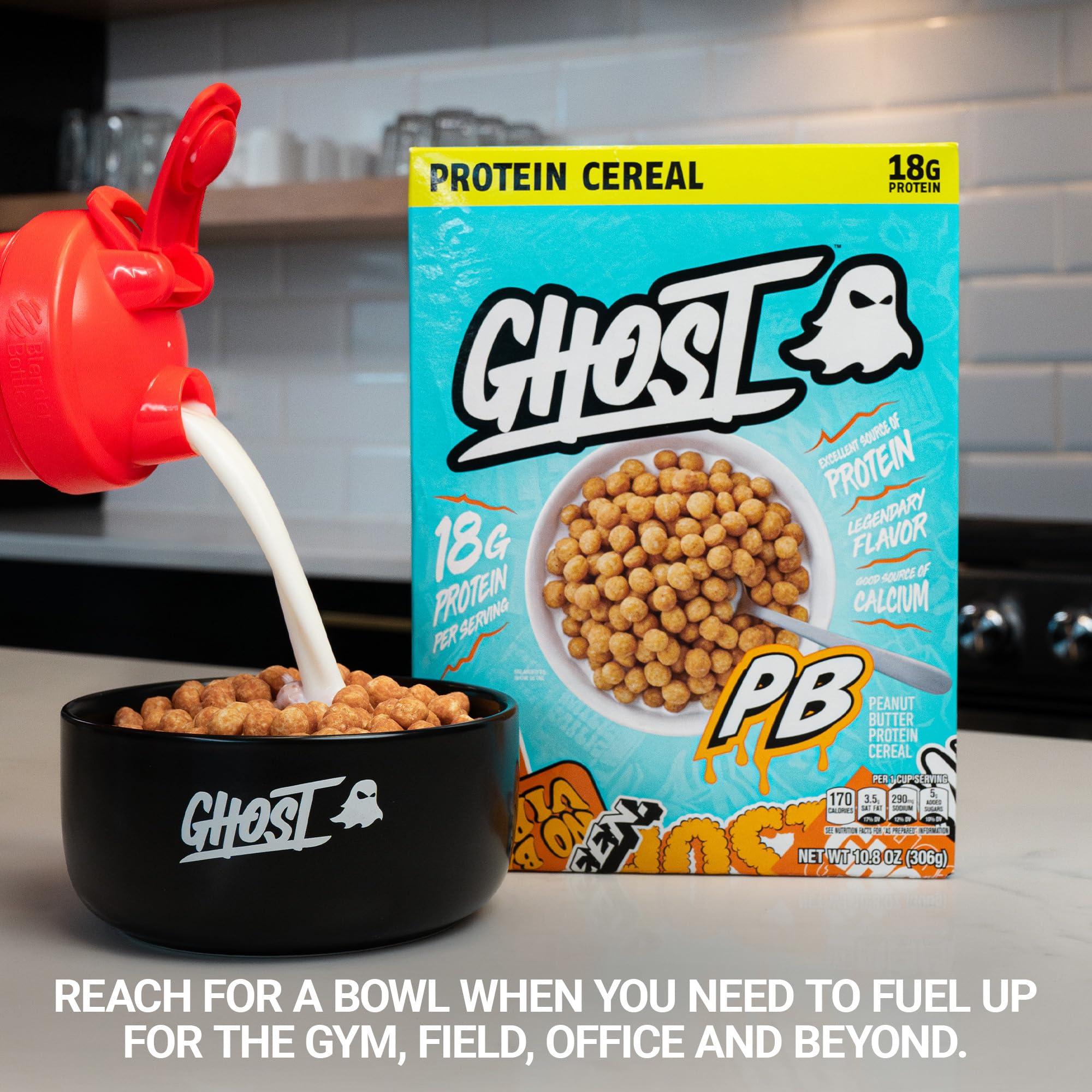GHOST GHOST Protein Cereal, Peanut Butter Flavor (3-Pack) - Crunchy Peanut Butter Cereal Puffs - 18G Protein, Good Source of Calcium - Breakfast Cereal & Snack - 10.8oz Box
