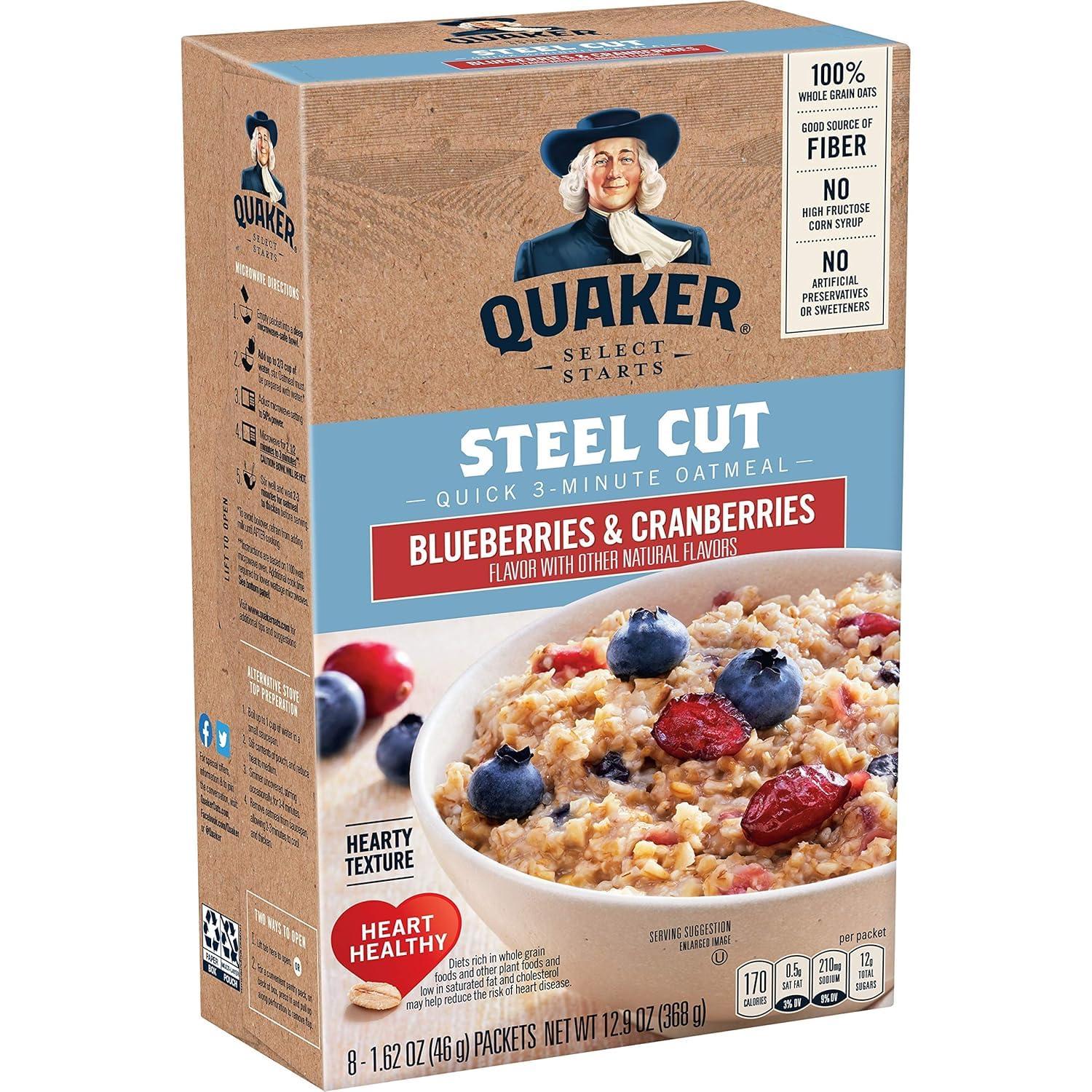 Quaker Quaker, Instant Steel Cut Oatmeal, Cranberries And Blueberries, 8 Ct