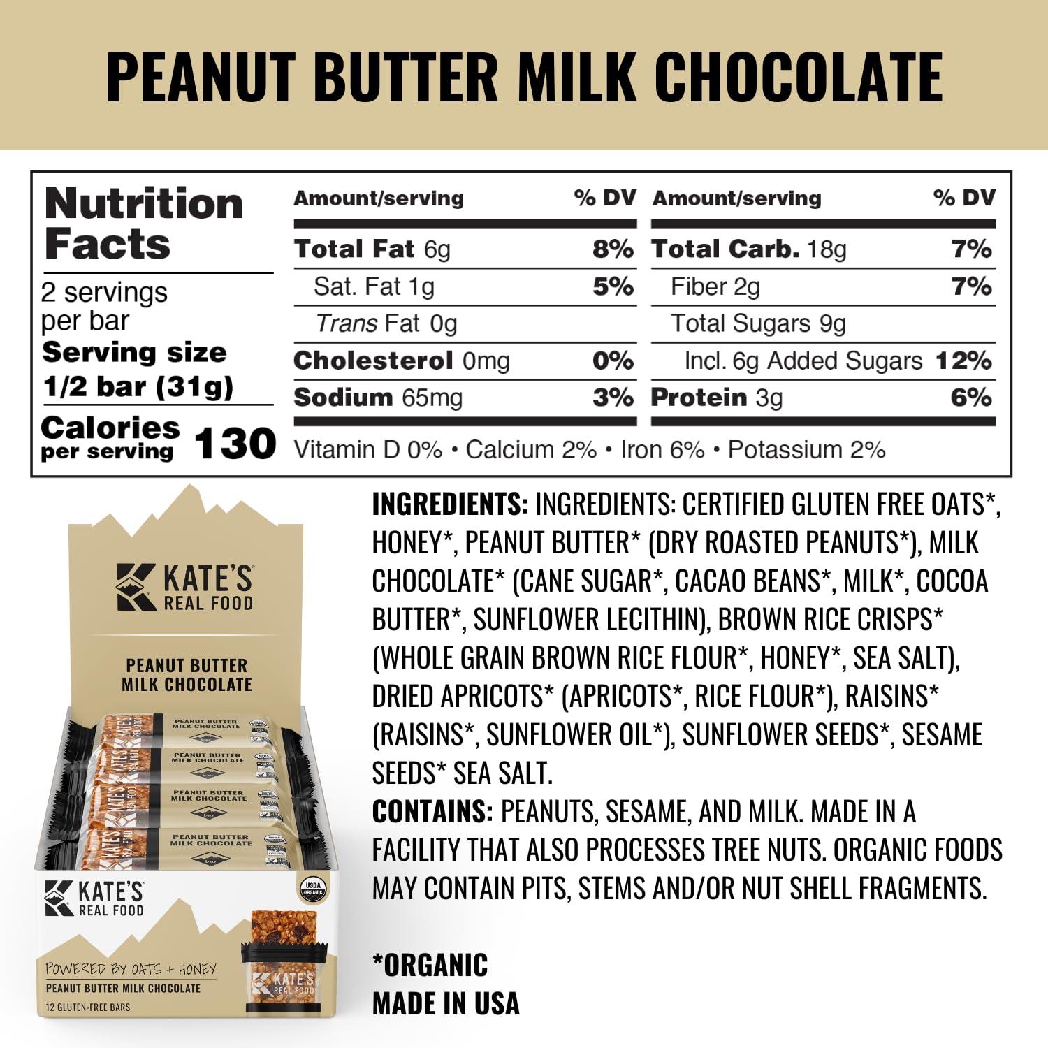 Kate's Kates Real Food Organic Granola Bars - Peanut Butter Milk Chocolate (2.2 oz, Pack of 12) - Organic Energy Bars Made with Gluten Free Oats - Non GMO, Soy Free, Whole Grains, and All Natural - Healthy Snacks