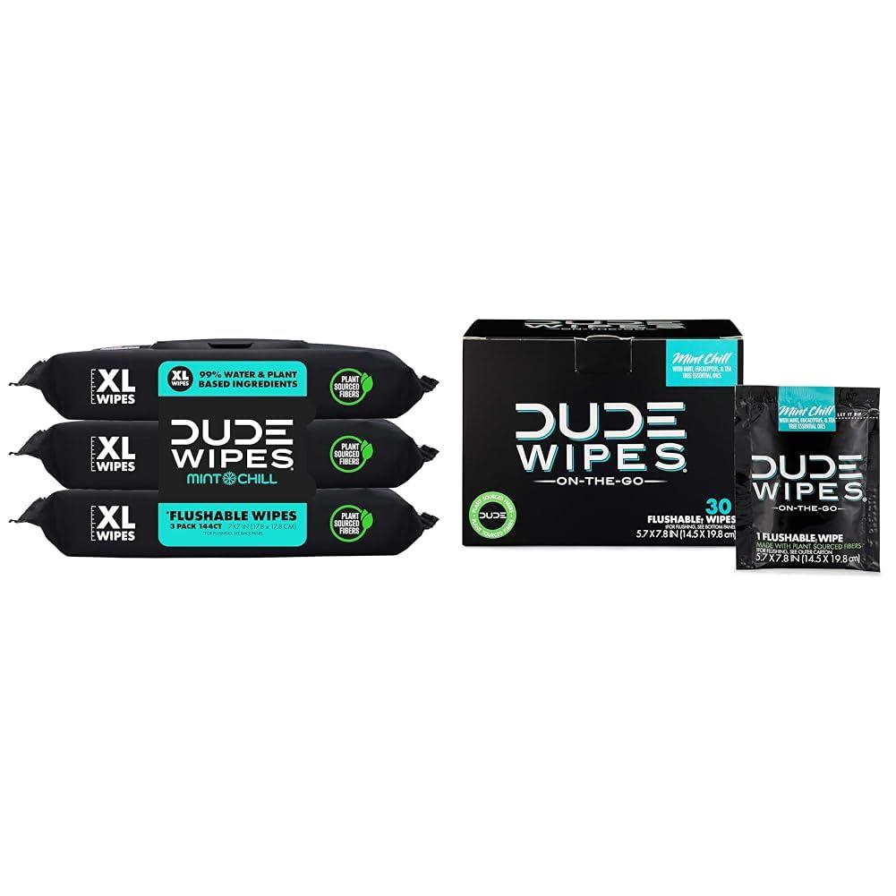 Dude DUDE Wipes - Mint Chill Flushable Wipes - 3 Pack, 144 Wipes + DUDE Wipes - On-The-Go Flushable Wipes - 1 Pack, 30 Wipes
