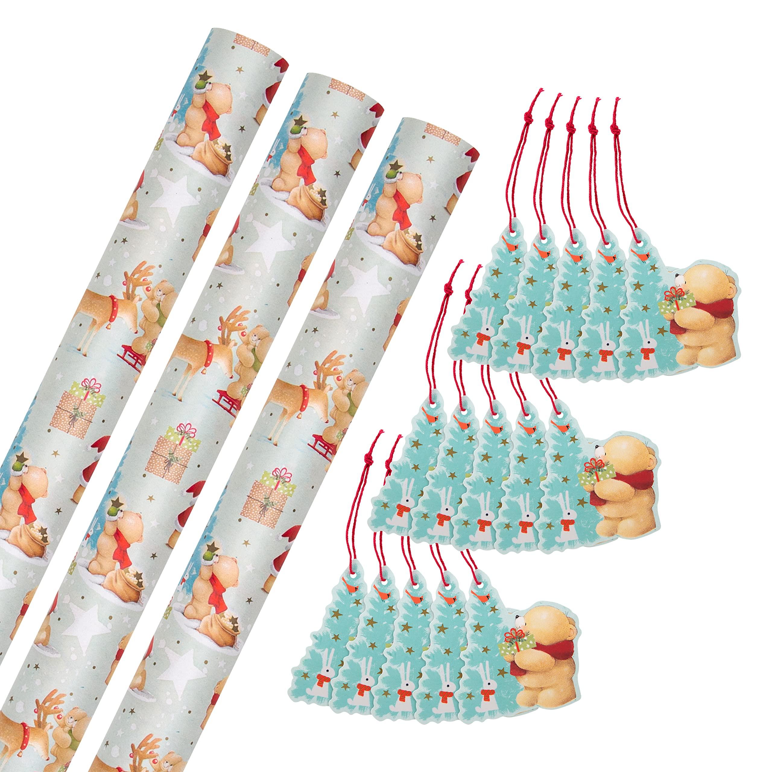 Hallmark Hallmark Forever Friends Christmas Wrapping Paper and Gift Tag Bundle - 3 Rolls of Paper in 1 Design with 3 Packs of 5 Gift Tags