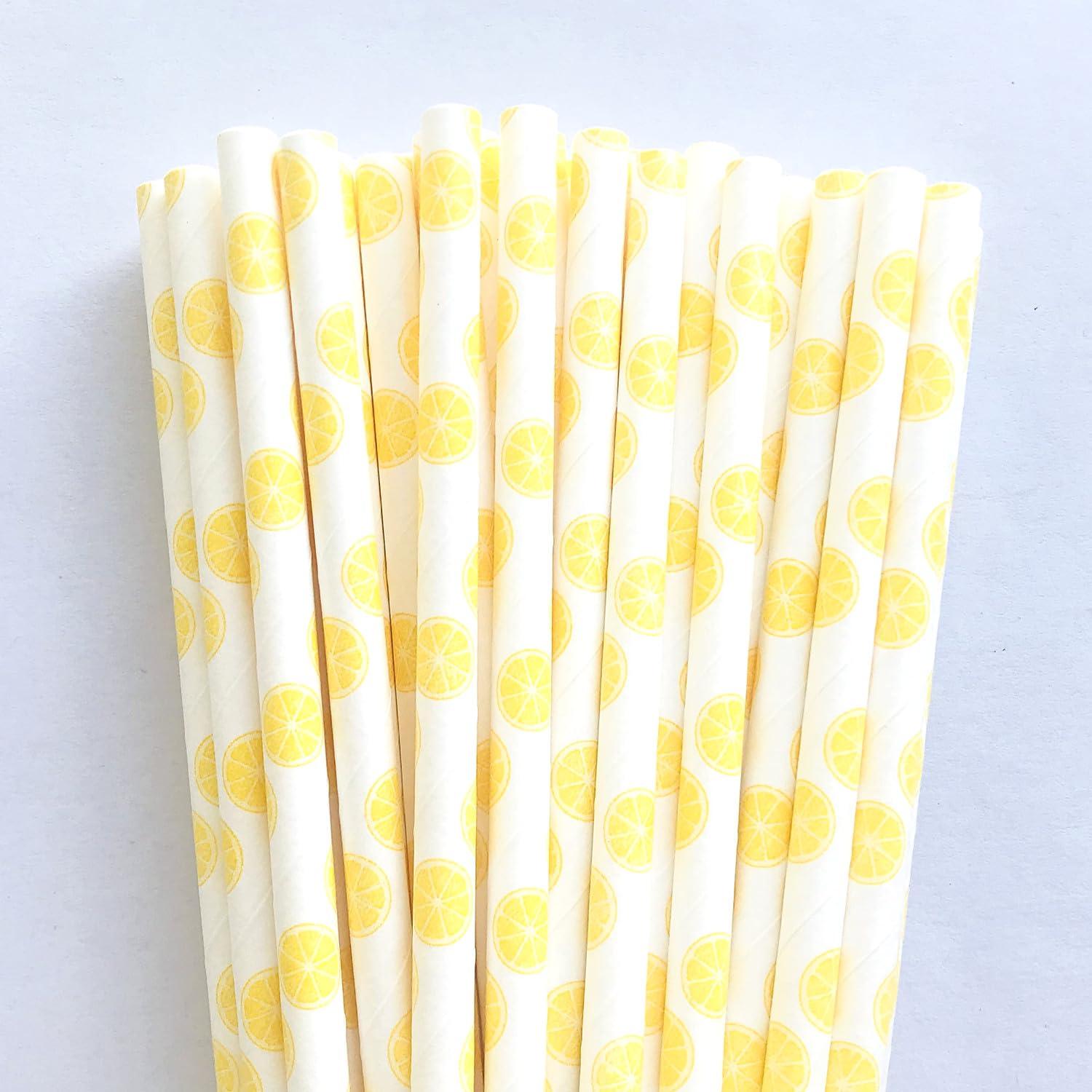 Generic 100 pcs Fruit Paper Straws Bulk, Summer Yellow Lemon Citrus Drinking Straws, Disposable Biodegradable Decorative Picnic BBQ Pool Beach Party Juice Shake Smoothie Bar Cake Pop Sticks (Lemon)