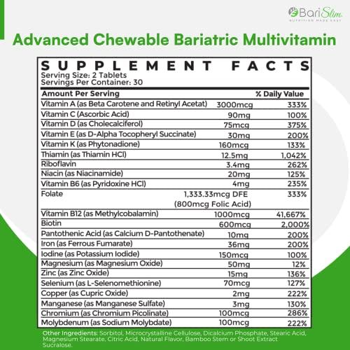 BariSlim BariSlim Advanced Chewable Bariatric Multivitamin Tablets - Bariatric Vitamin and Supplement for Post Bariatric Surgery Including Gastric Bypass and Gastric Sleeve | Wild Cherry (60 Count)
