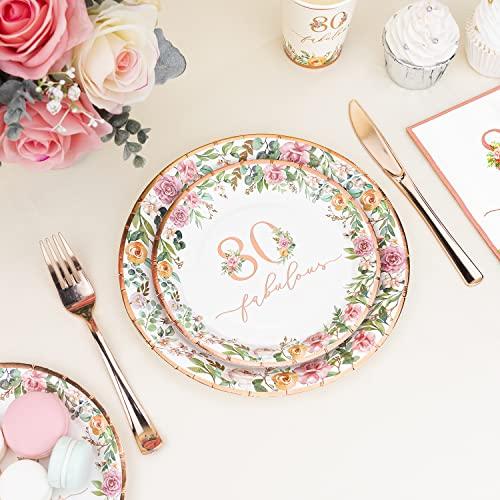 Crisky Crisky 80th Birthday Napkins and Plates for Women Rose Gold Floral Party Decoration, 80 and Fabulous Plates and Napkins for Women 80th Birthday.