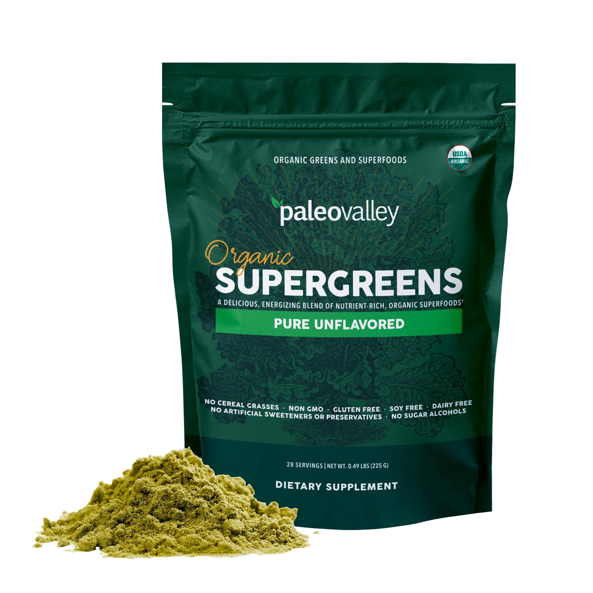 Paleovalley Paleovalley Organic Supergreens Powder - 23 Superfoods with Prebiotic Fiber for Energy and Immunity Support - No Cereal Grasses for Maximum Absorption - Pure Unflavored, 30 Servings