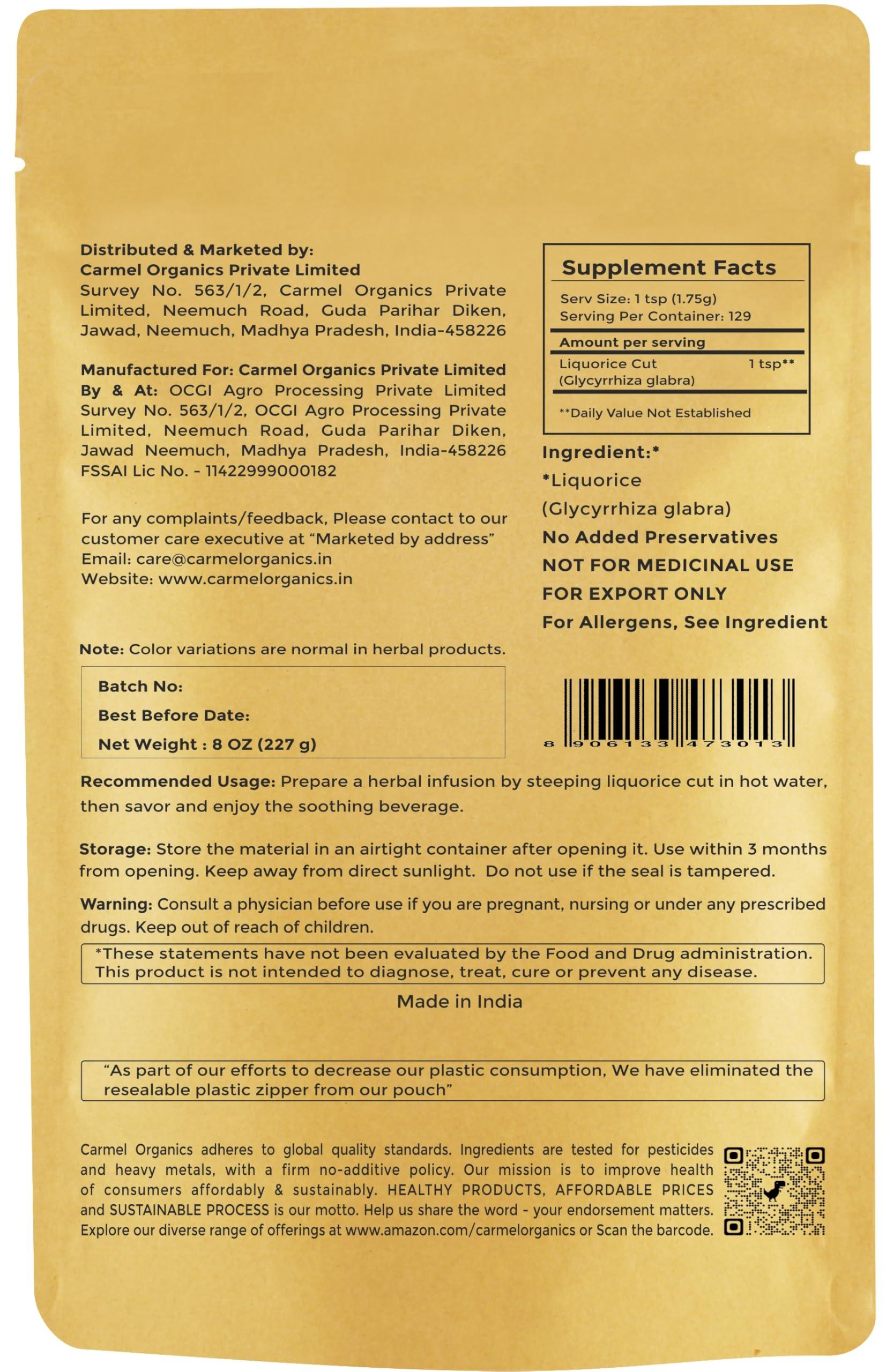 CARMEL ORGANICS CARMEL ORGANICS Licorice(Mulethi) Root Cut 8 Ounce | Indian Yashtimadhu for Your Health,Skin and Hair Care | Glycyrrhiza Glabra | No Added Preservatives