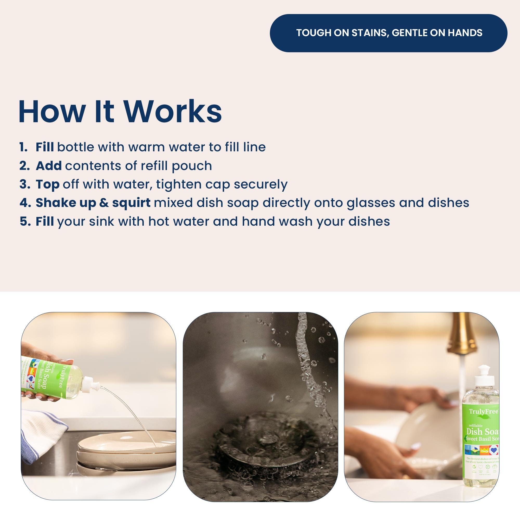 Truly Free Truly Free Natural Concentrated Dish Detergent Dishwashing Liquid | Plant-Based Dish Soap | Sweet Basil Fresh Scent | 2 Refill Packs with 1 Empty Refillable Squeeze Bottle (16 Oz)