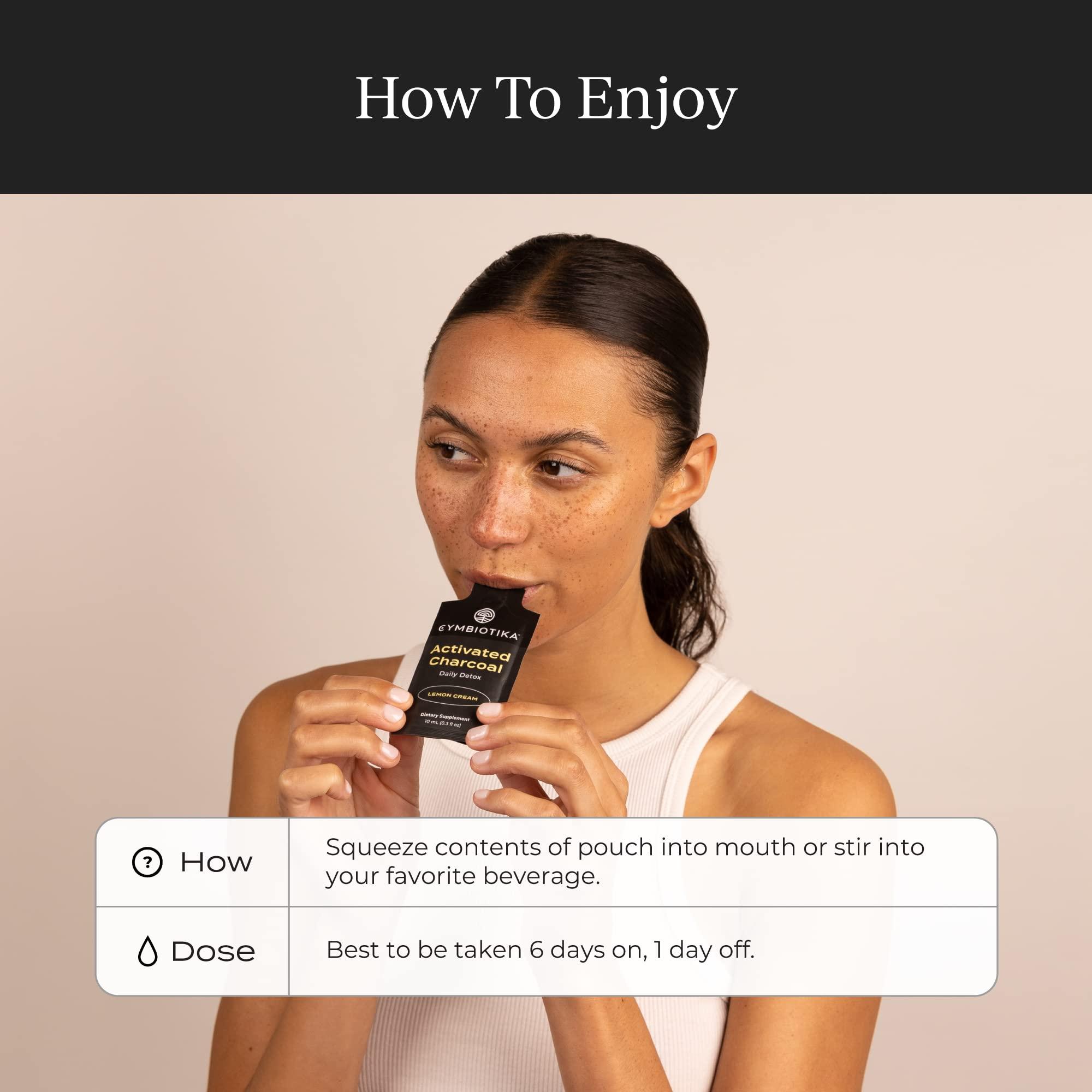 CYMBIOTIKA CYMBIOTIKA Activated Charcoal Liquid Supplement with Vitamin E, Gut Health & Digestive Support for Adults, Helps Cleanse, Detox, Support Gas, Bloating, Lemon Cream Flavor, Vegan, 10ml Pouches, 26 Pack