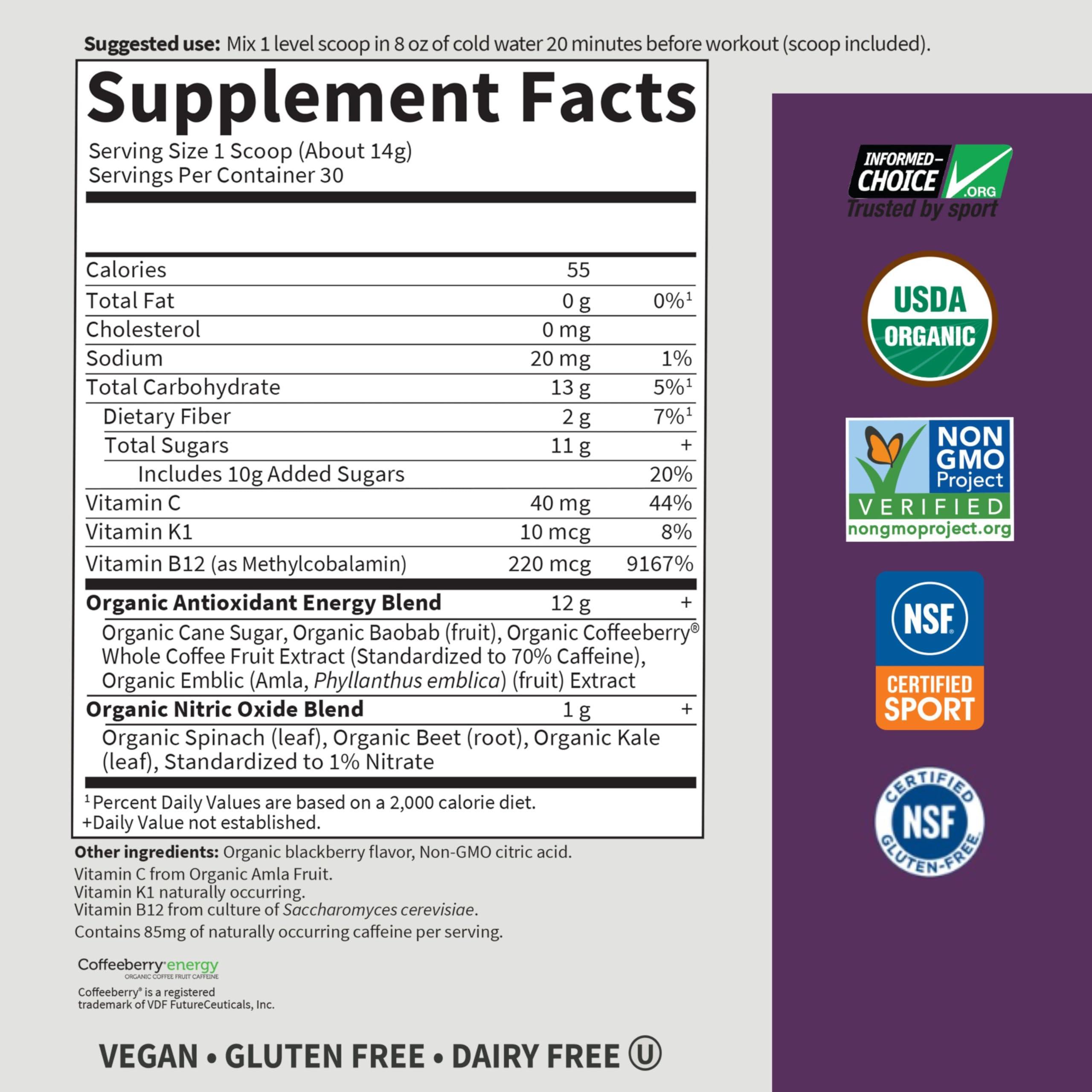 Garden of Life Garden of Life Sport Organic Plant Based Energy + Focus Clean Pre Workout Powder, with 85mg Caffeine, Natural No Booster, B12, Vegan, Gluten Free, Non-GMO, BlackBerry, 15.3 Oz