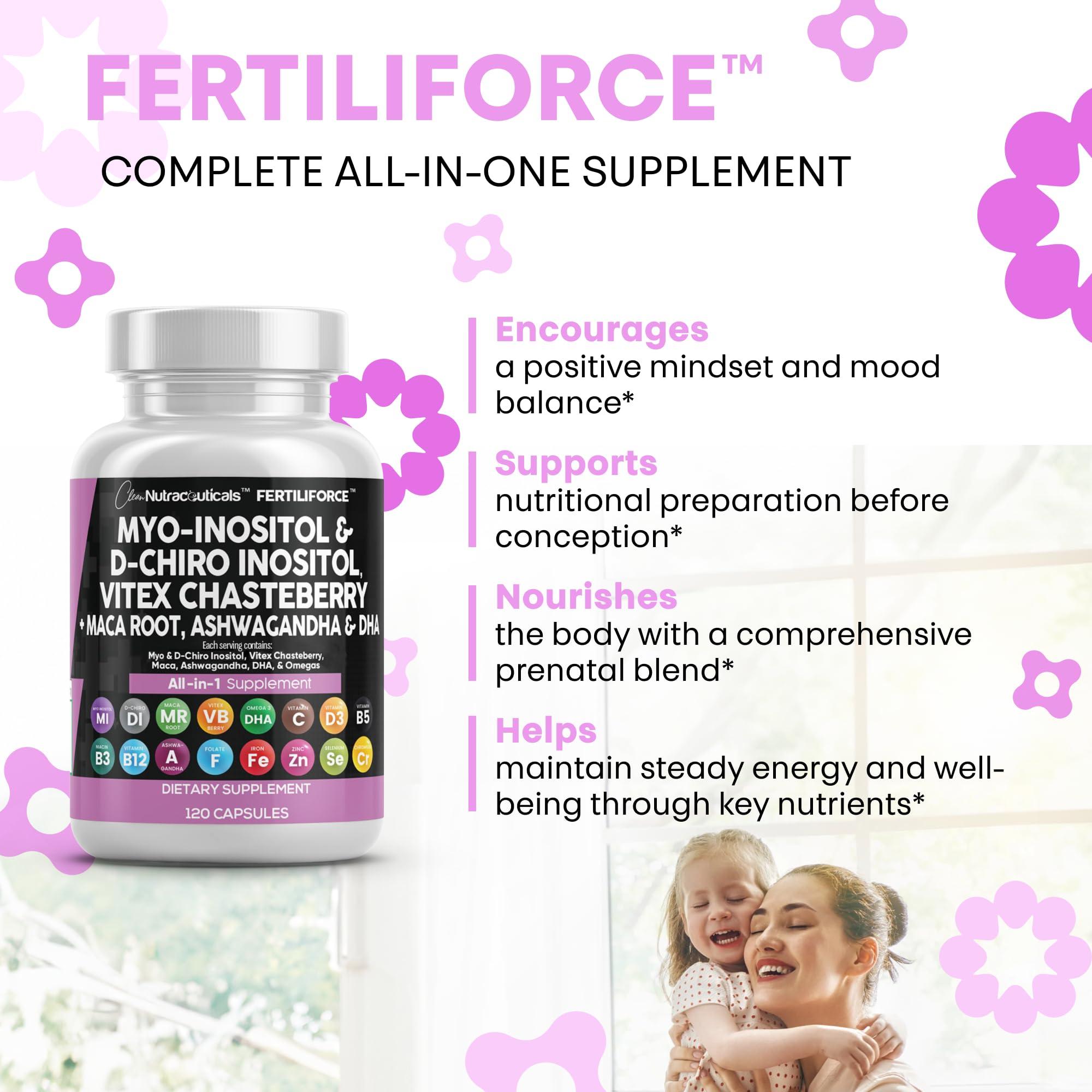 Clean Nutraceuticals Myo-Inositol & D-Chiro Inositol 2050mg Fertility Supplement 40:1 Ratio - Prenatal Vitamins for Women with Ashwagandha Maca Root Vitex Chasteberry Iron DHA Folic Acid DIM Zinc - 2Pack
