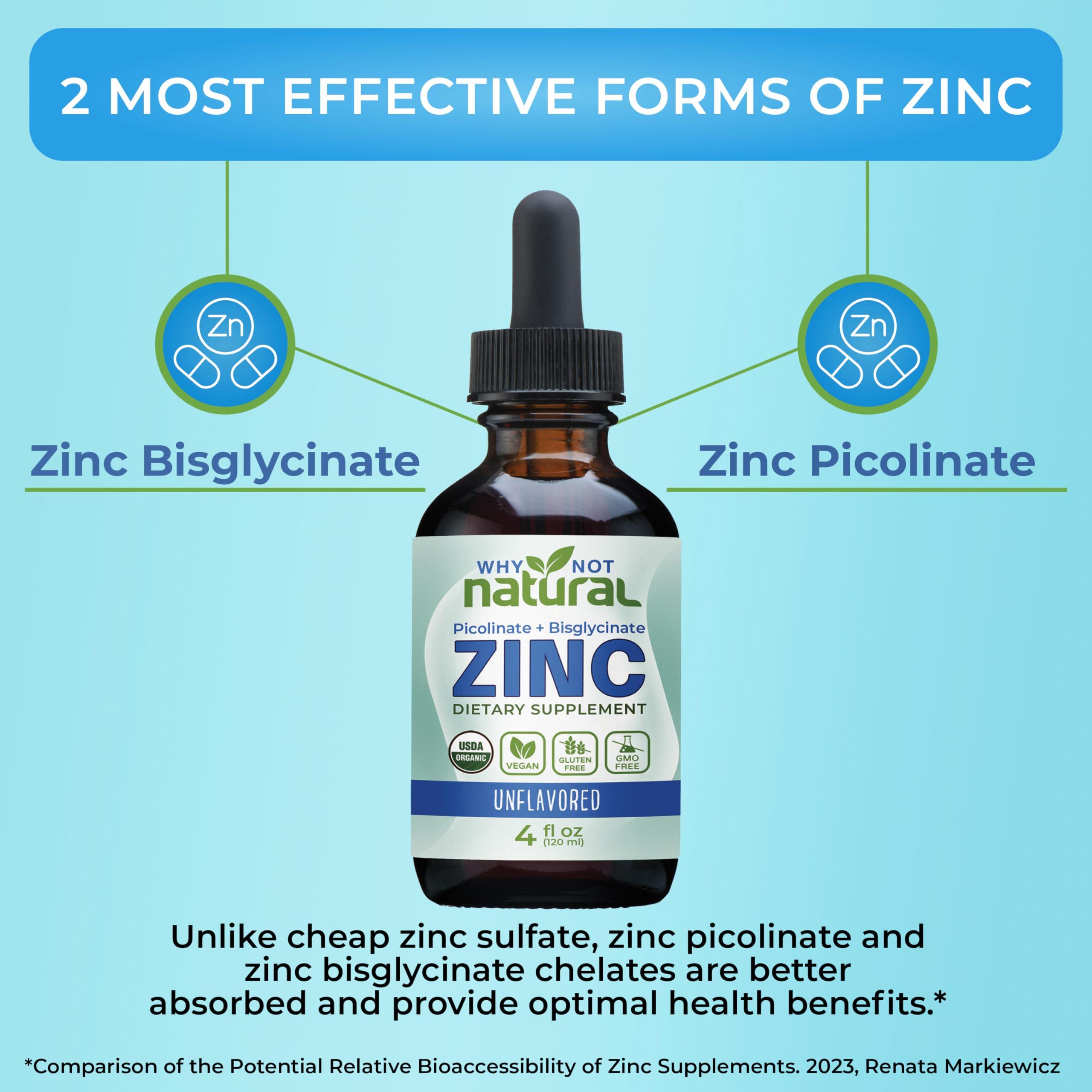 Why Not Natural Organic Liquid Zinc Drops Supplement with Chelated Zinc Picolinate and Bisglycinate, USDA Organic and Vegan